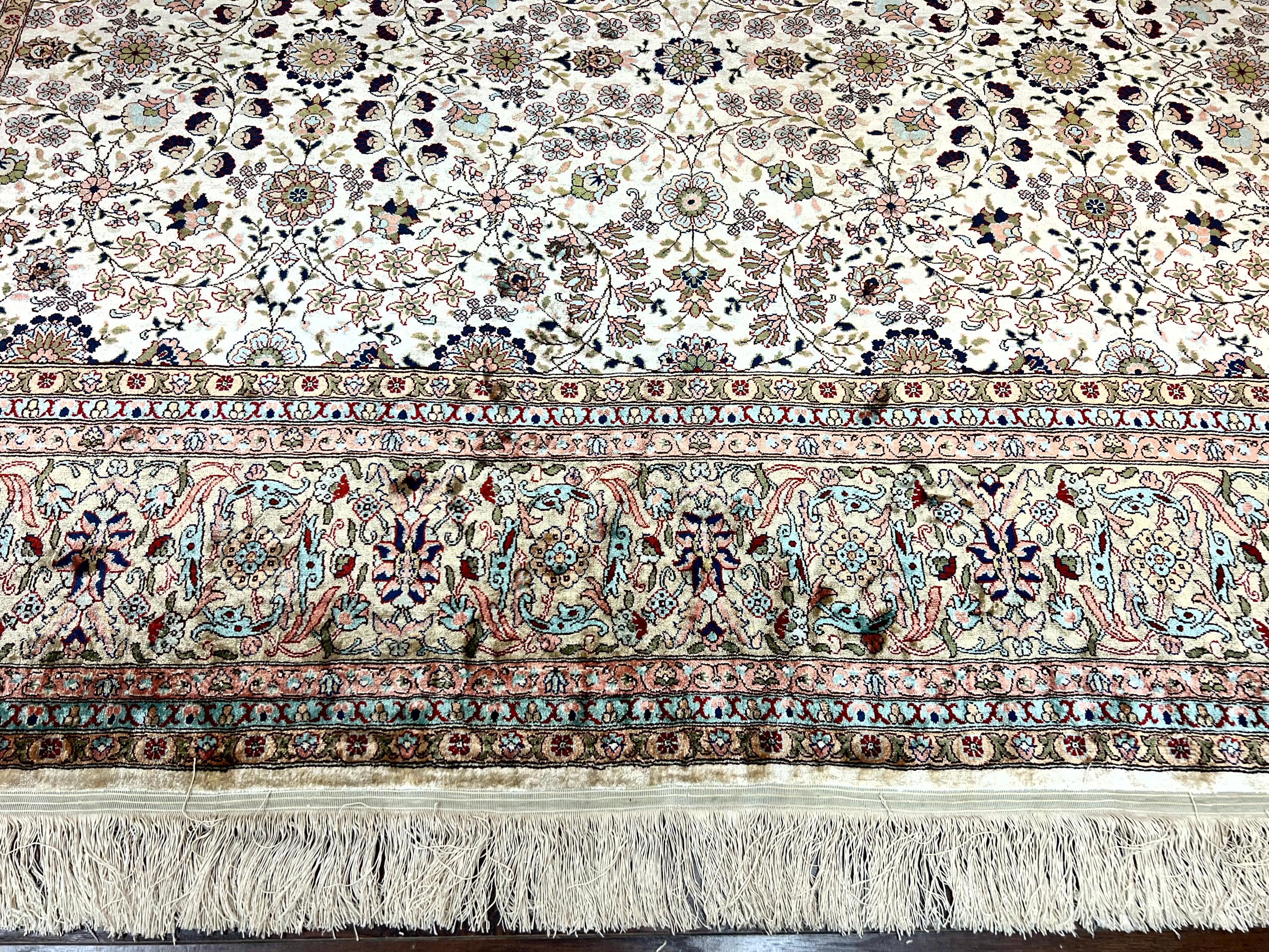 Wonderful Silk Hereke Rug 8x12, Silk Pile on Silk Foundation, Ivory/Cream, Floral Pattern, Handmade, Vintage - Jewel Rugs