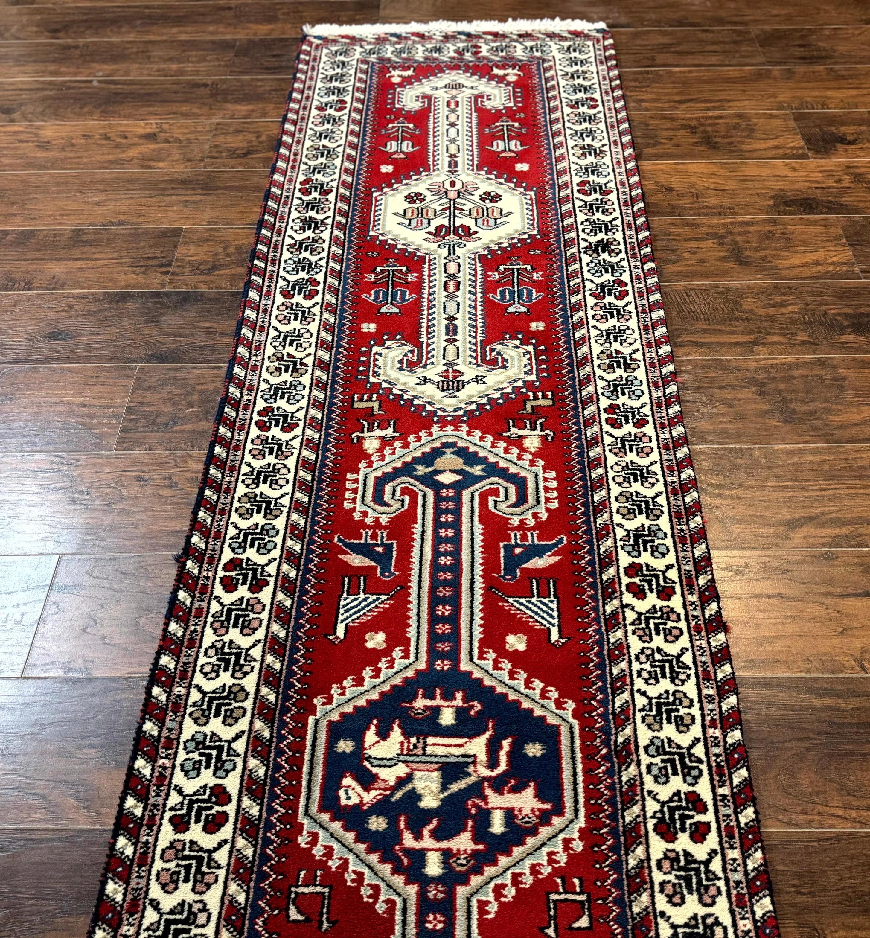 Indo Persian Runner Rug 2.6 x 12, Heriz Geometric Caucasian Design, Animal Pictorials, Tribal Runner Rug, Vintage Handmade Wool Red - Jewel Rugs