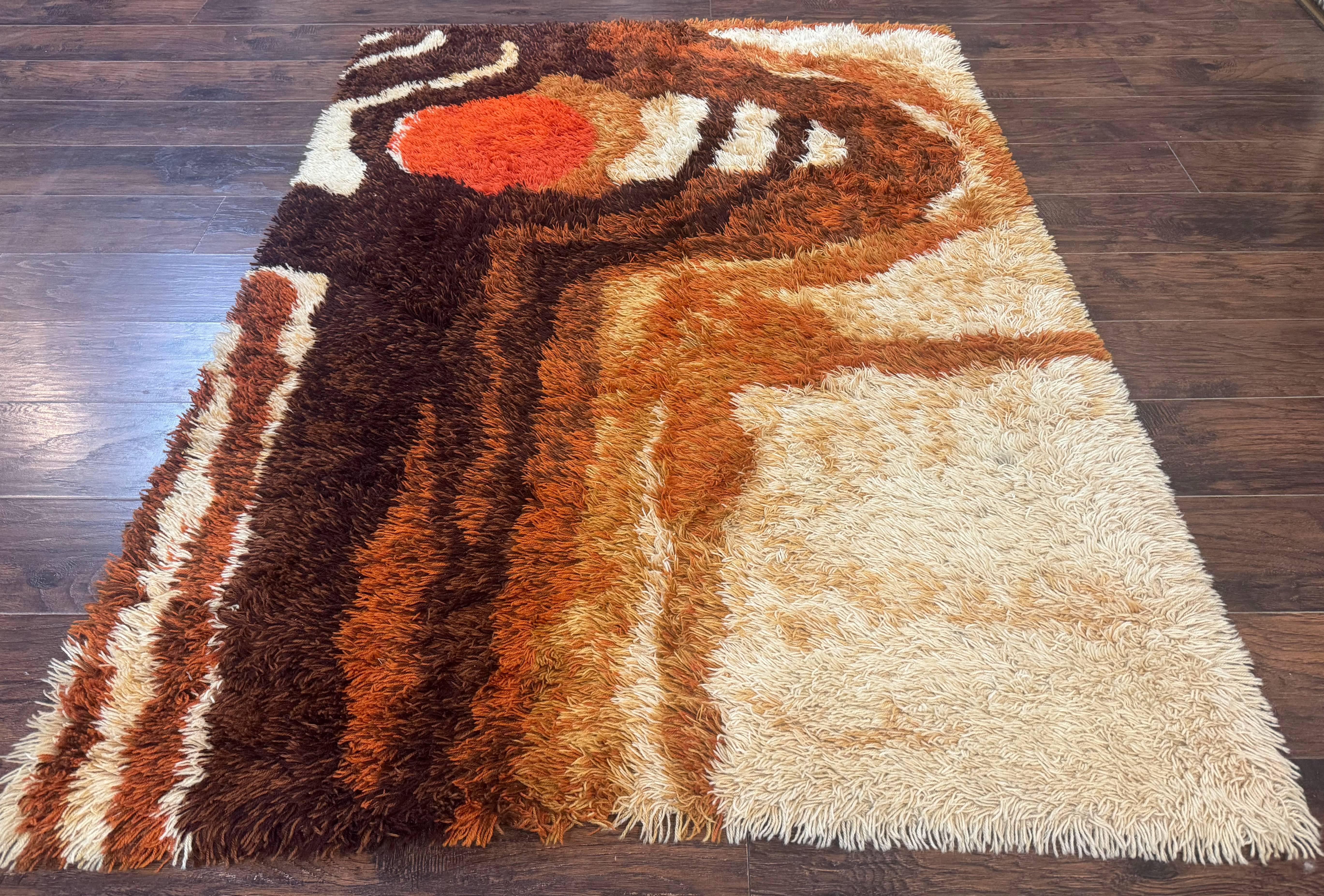 Danish Rya Shag Rug, Mid Century Modern Vintage Retro Abstract Carpet, 5x6, Shades of Brown Cream and Orange - Jewel Rugs