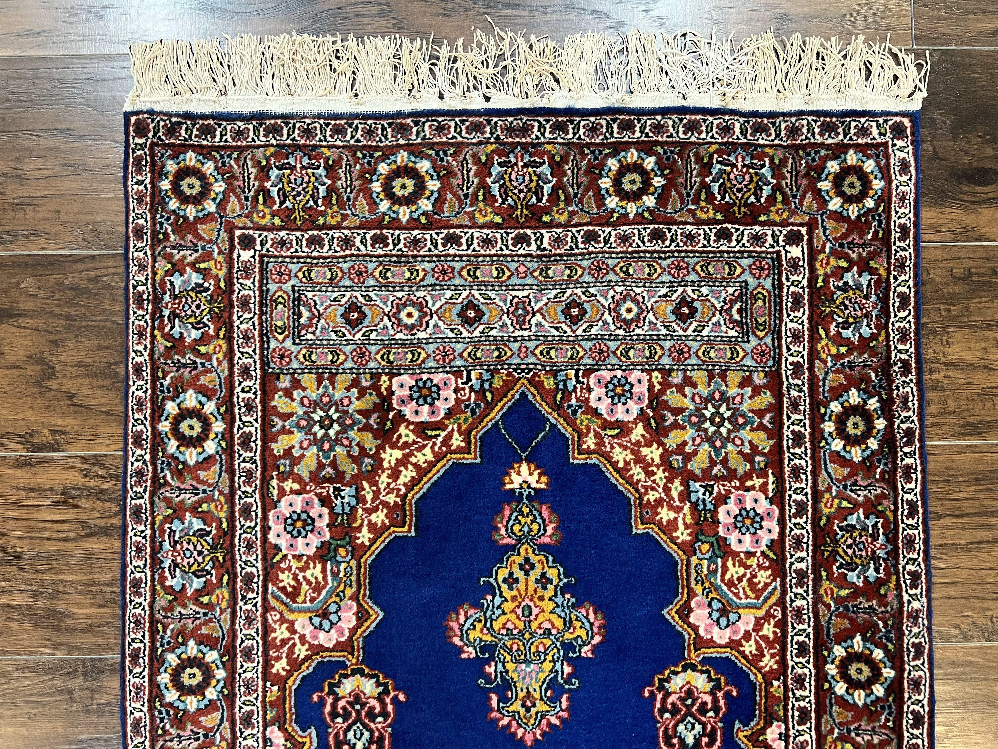Indo Persian Prayer Rug 3x5, Fine Oriental Carpet, Dark Blue and Red, Vintage Hand Knotted Handmade Prayer Rug - Jewel Rugs