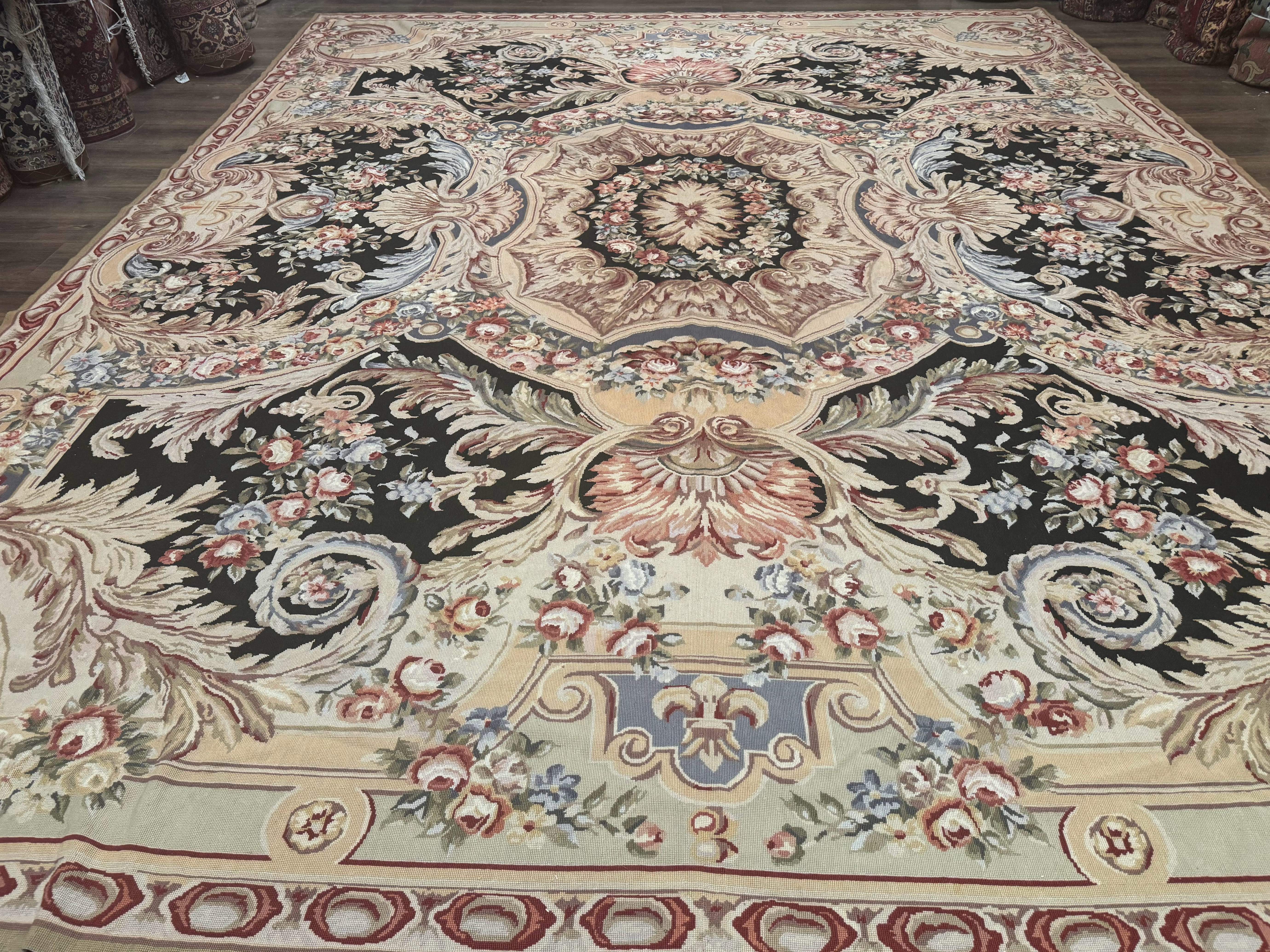 Wonderful Needlepoint Rug 10x14, Large Aubusson Carpet, Floral, Elegant, European Design - Jewel Rugs
