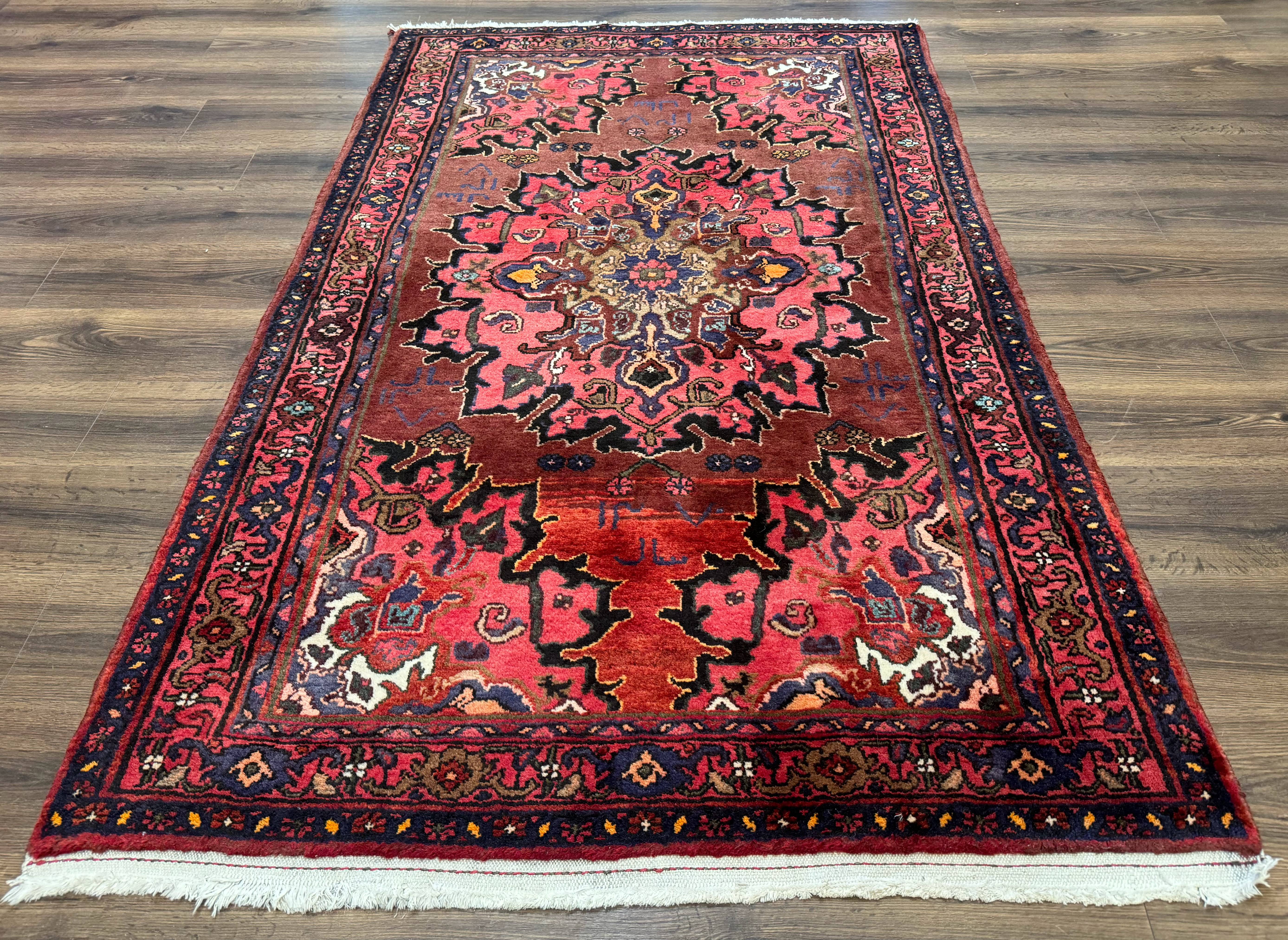 Persian Hamadan Rug 4x7, Red Pink Navy Blue, Vintage, Large Medallion, Village Tribal Carpet - Jewel Rugs