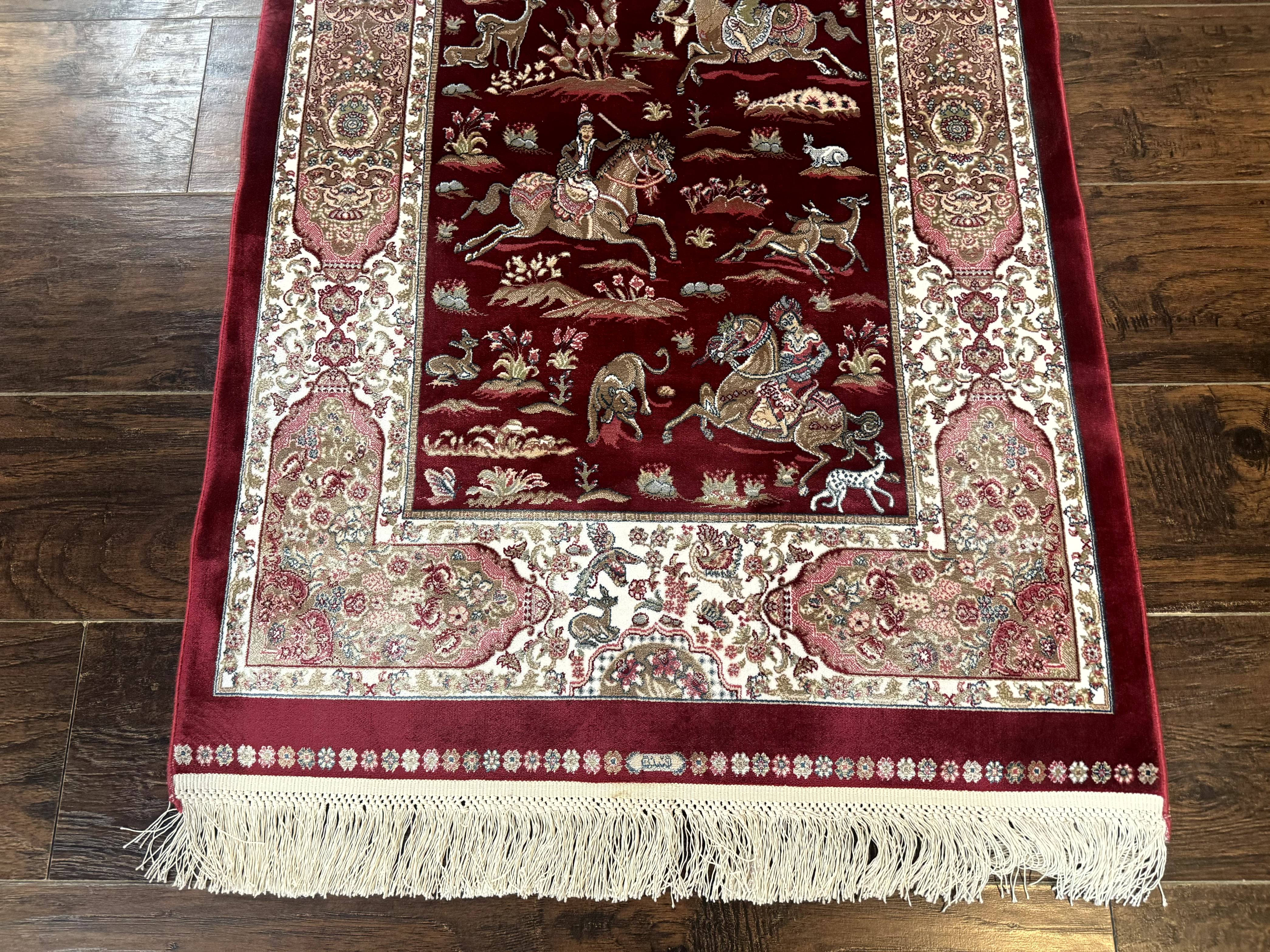 Dark Red Turkish Silk Rug 2.6 x 4, Hunting Design Scene, Bamboo Silk - Jewel Rugs