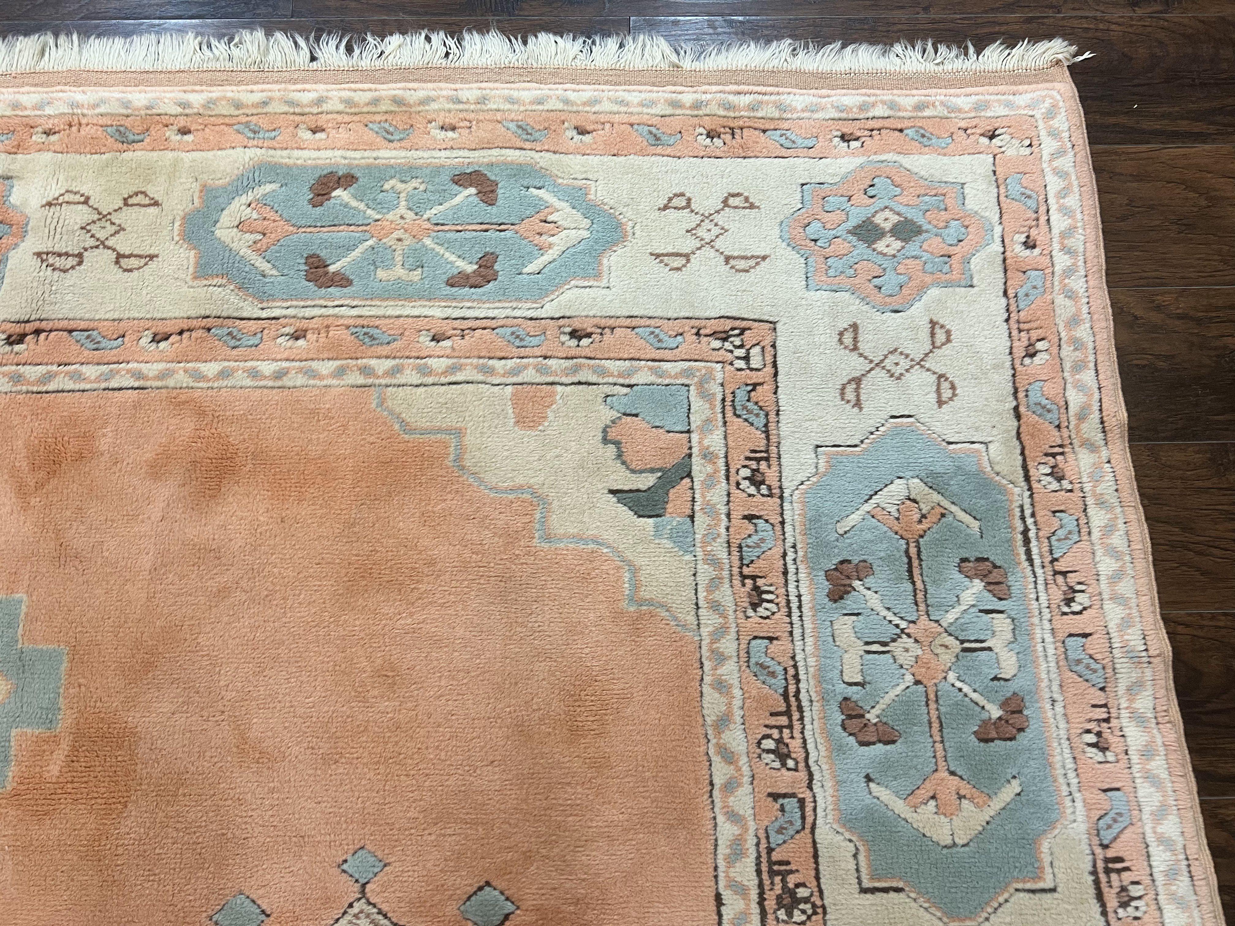 Turkish Oushak Rug 9x12, Wool Hand Knotted Vintage Carpet, Peach Cream Light Blue Room Sized Oriental Rug - Jewel Rugs