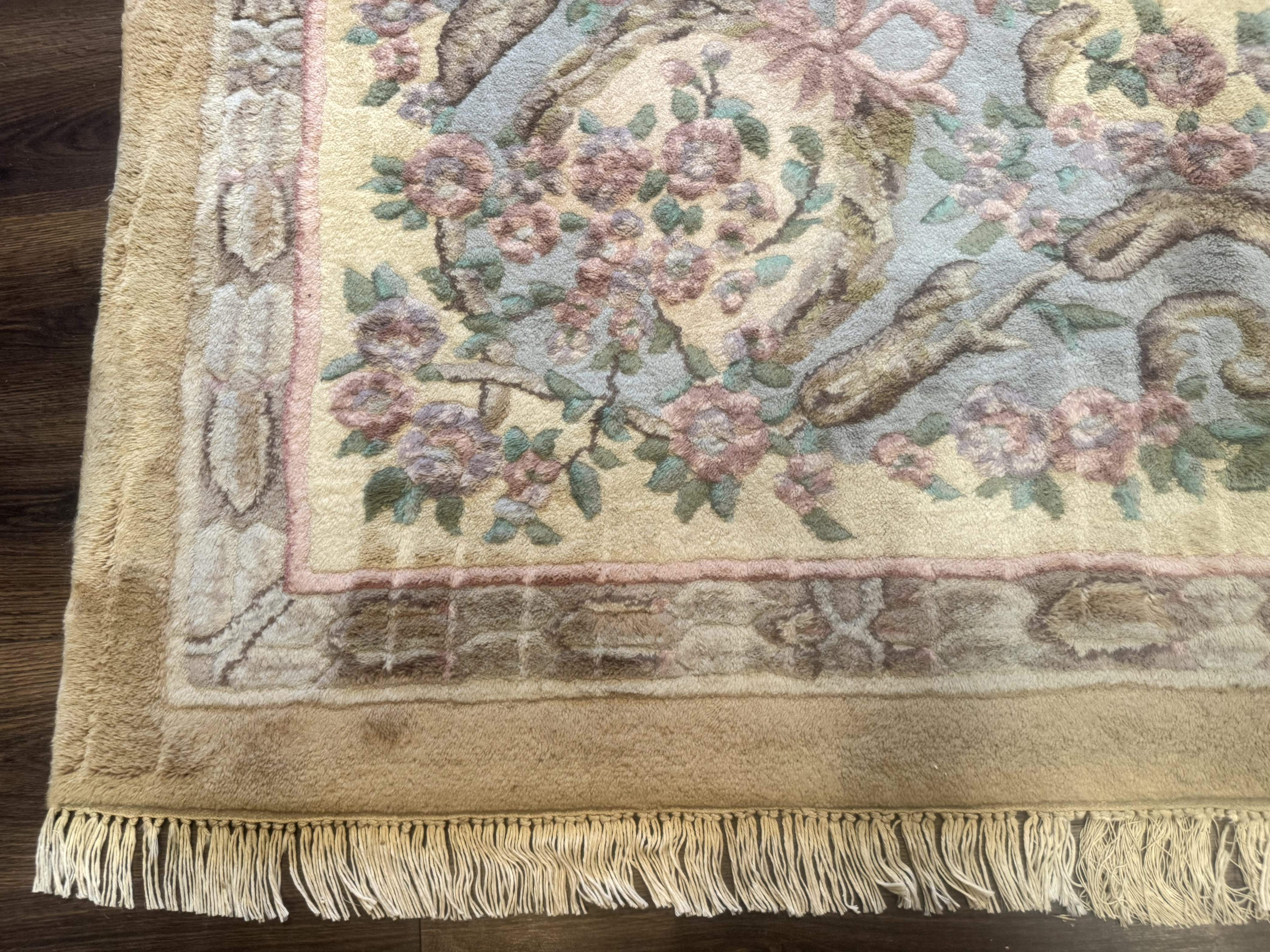 Indo Chinese Aubusson Rug 9x12, Cream and Light Blue, Soft Thick Wool Pile - Jewel Rugs