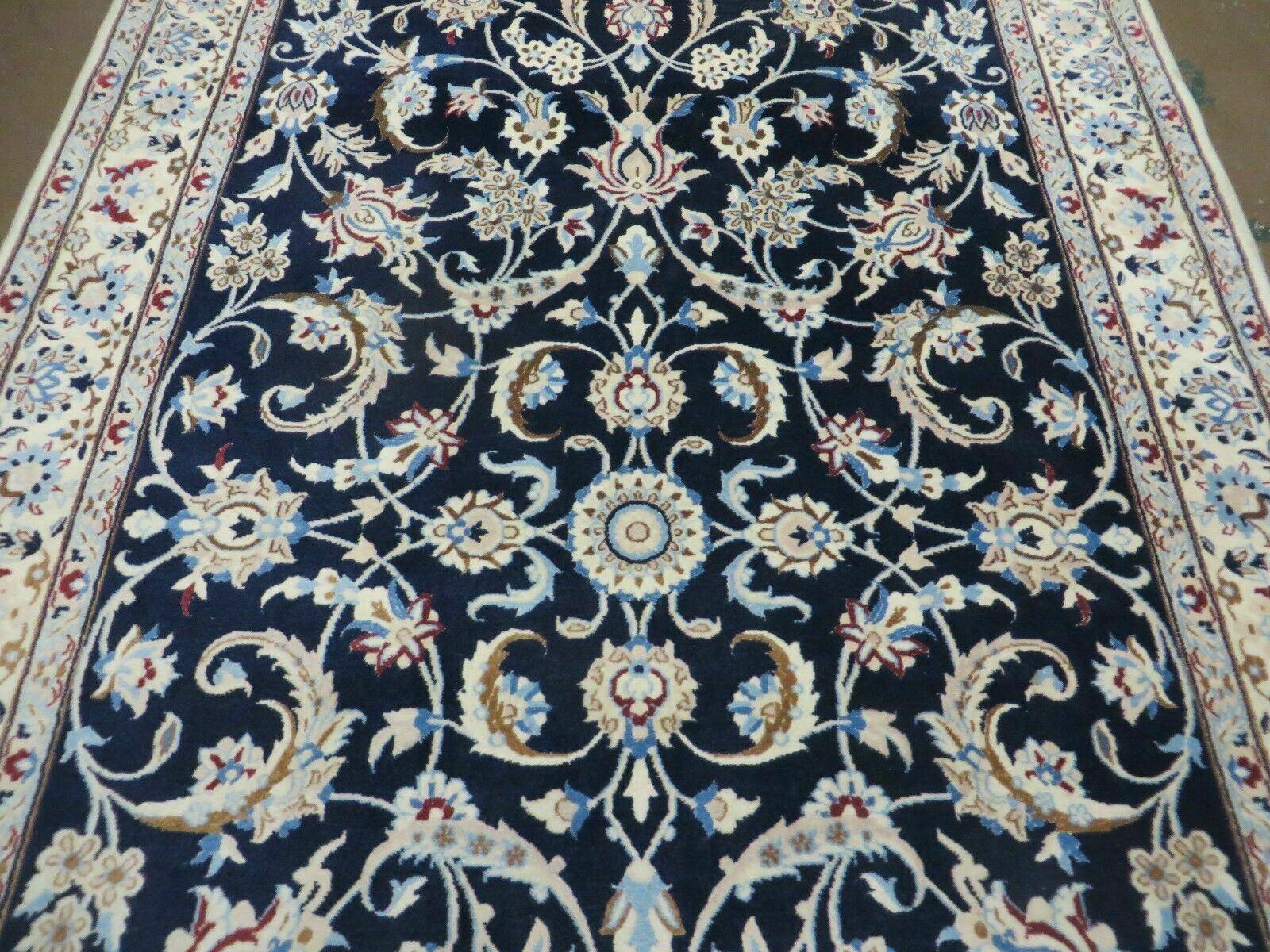 Persian Nain Rug 4x7, Navy Blue and Ivory, Handmade, Wool & Silk Highlights, Fine Oriental Rug, Vintage - Jewel Rugs