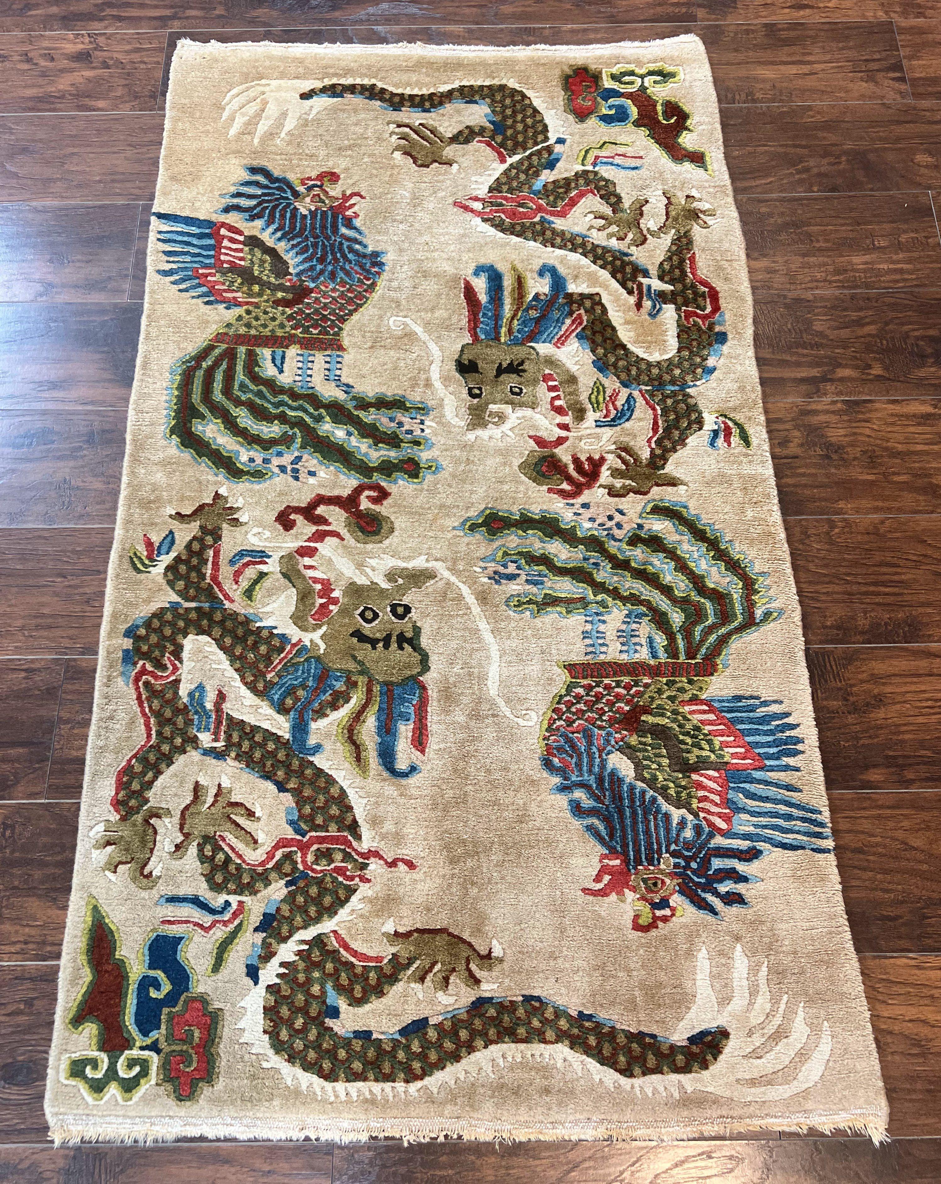 Antique Chinese Peking Rug 3 x 5.6, Dragon Motifs, Handmade Wool Asian Oriental Carpet - Jewel Rugs