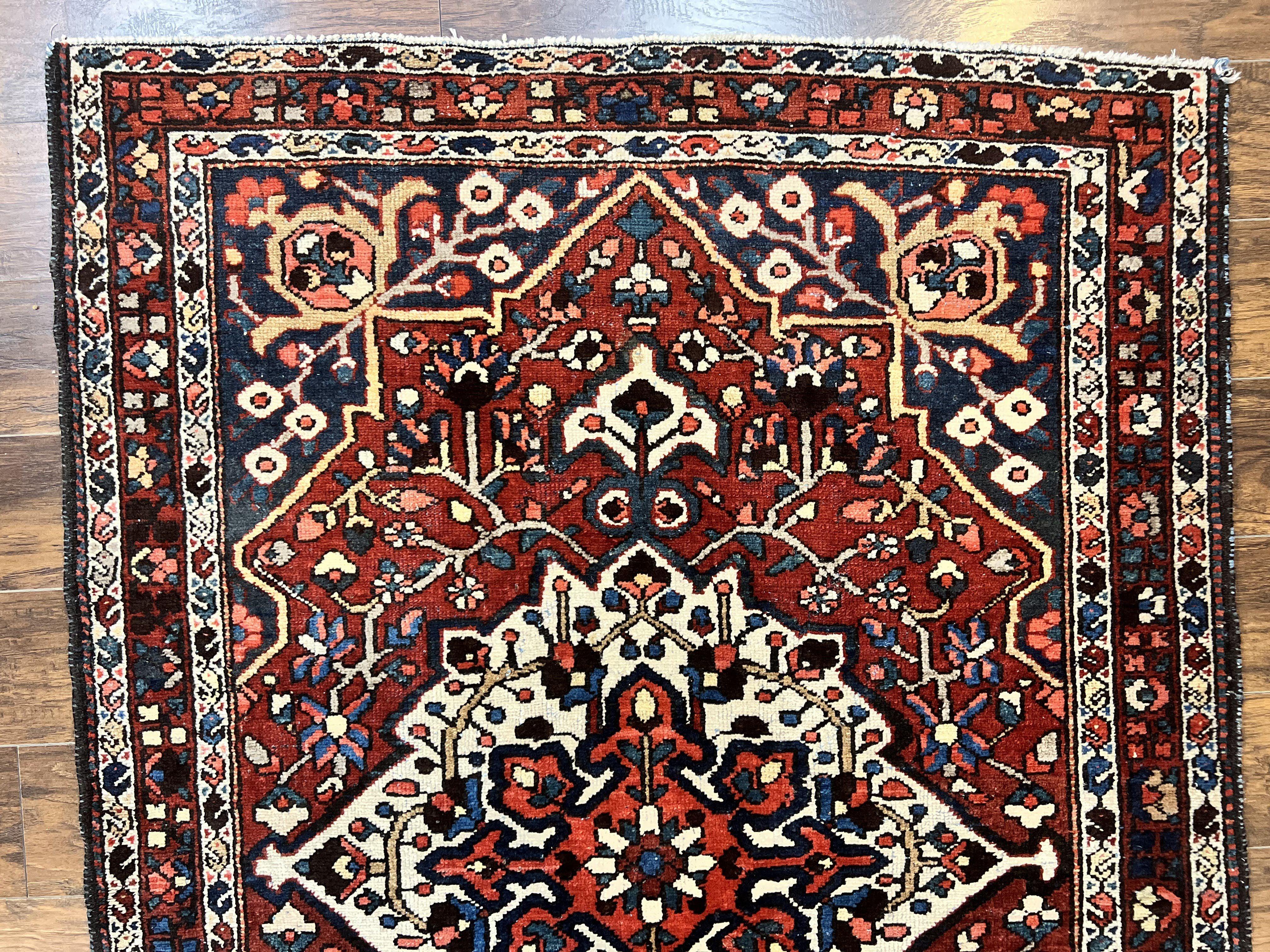 Persian Bakhtiari Rug 5 x 6.6, Tribal Geometric Carpet, Red Ivory, Handmade Wool Medium Sized Oriental Rug, Semi Antique Vintage - Jewel Rugs