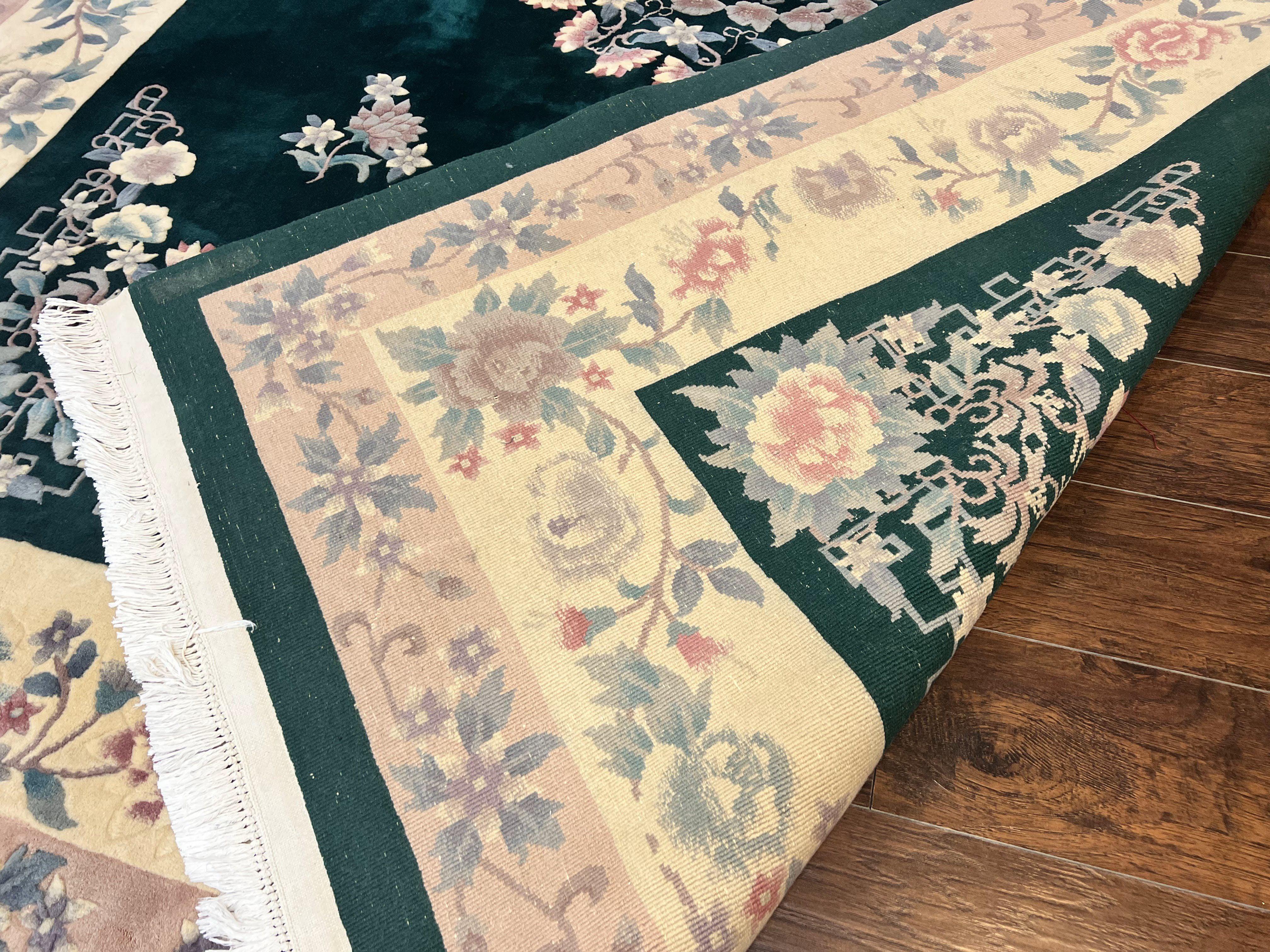 Chinese Art Deco Rug 9x12, Wool Hand Knotted Vintage Carpet, Dark Green & Cream, 90 Line Carving Rug - Jewel Rugs