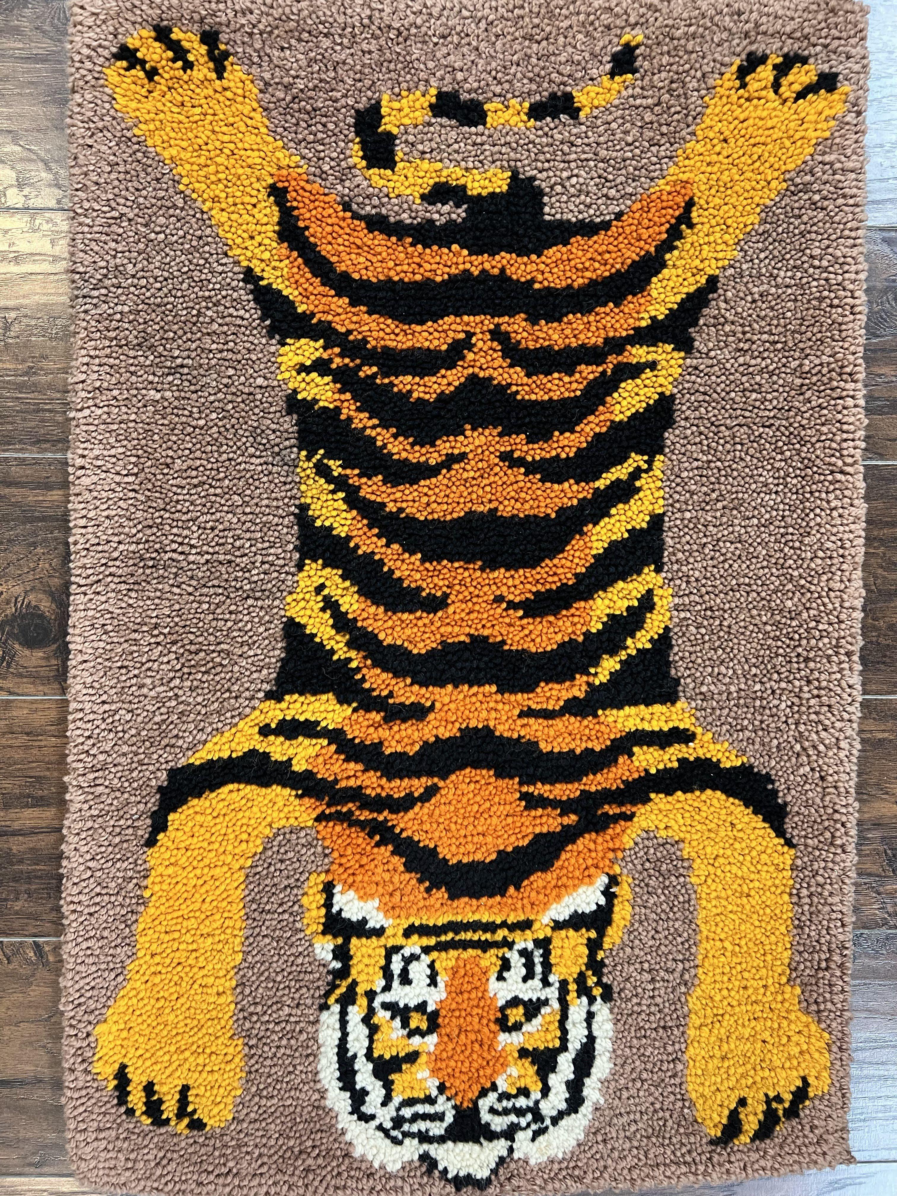 Small Hooked Rug 2x3, Tibetan Tiger Design, Wool, Unique Hooked Rug, Vintage - Jewel Rugs