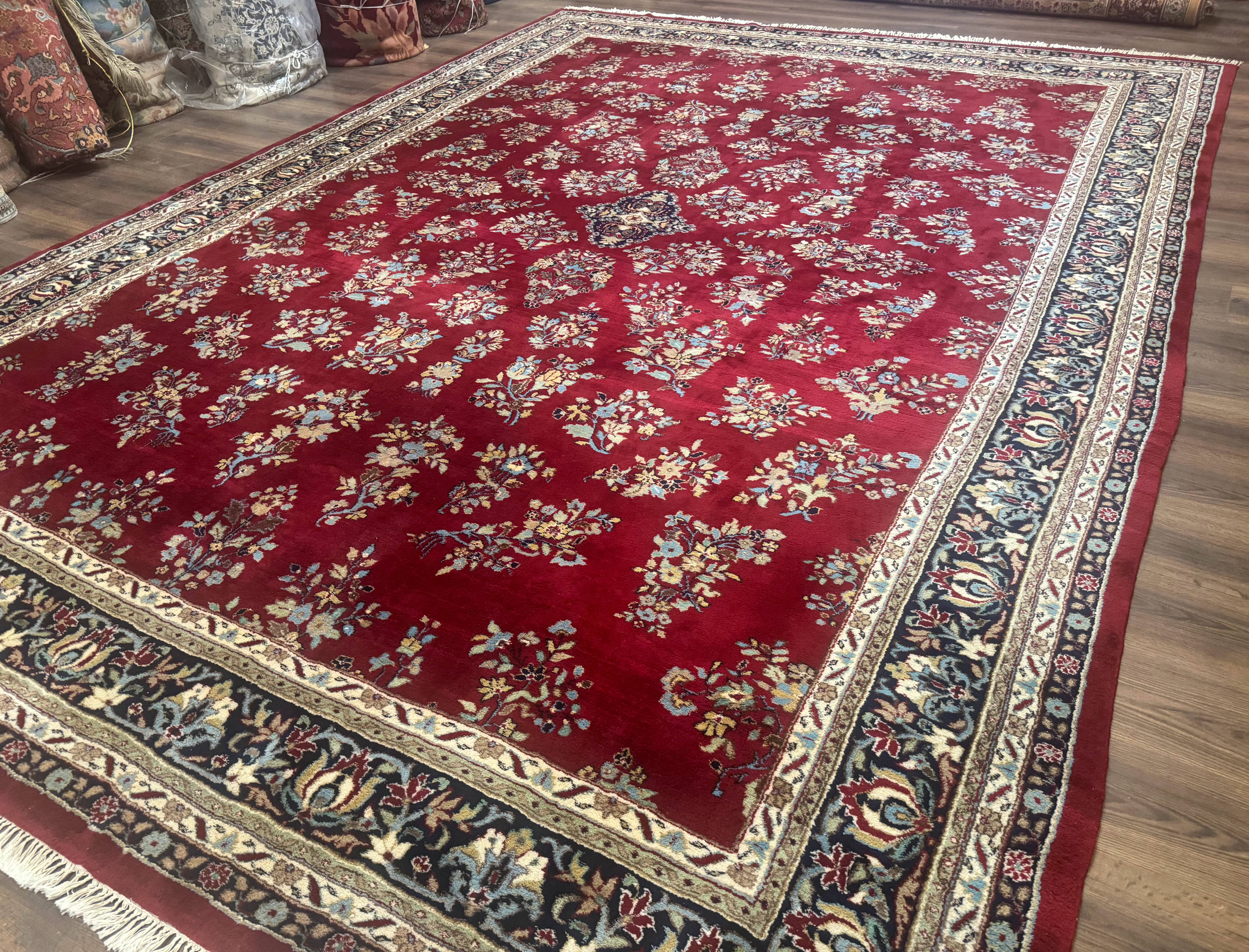 Indo Persian Sarouk Rug 10x14, Large Red and Navy Blue Carpet, Traditional Floral Wool Rug - Jewel Rugs
