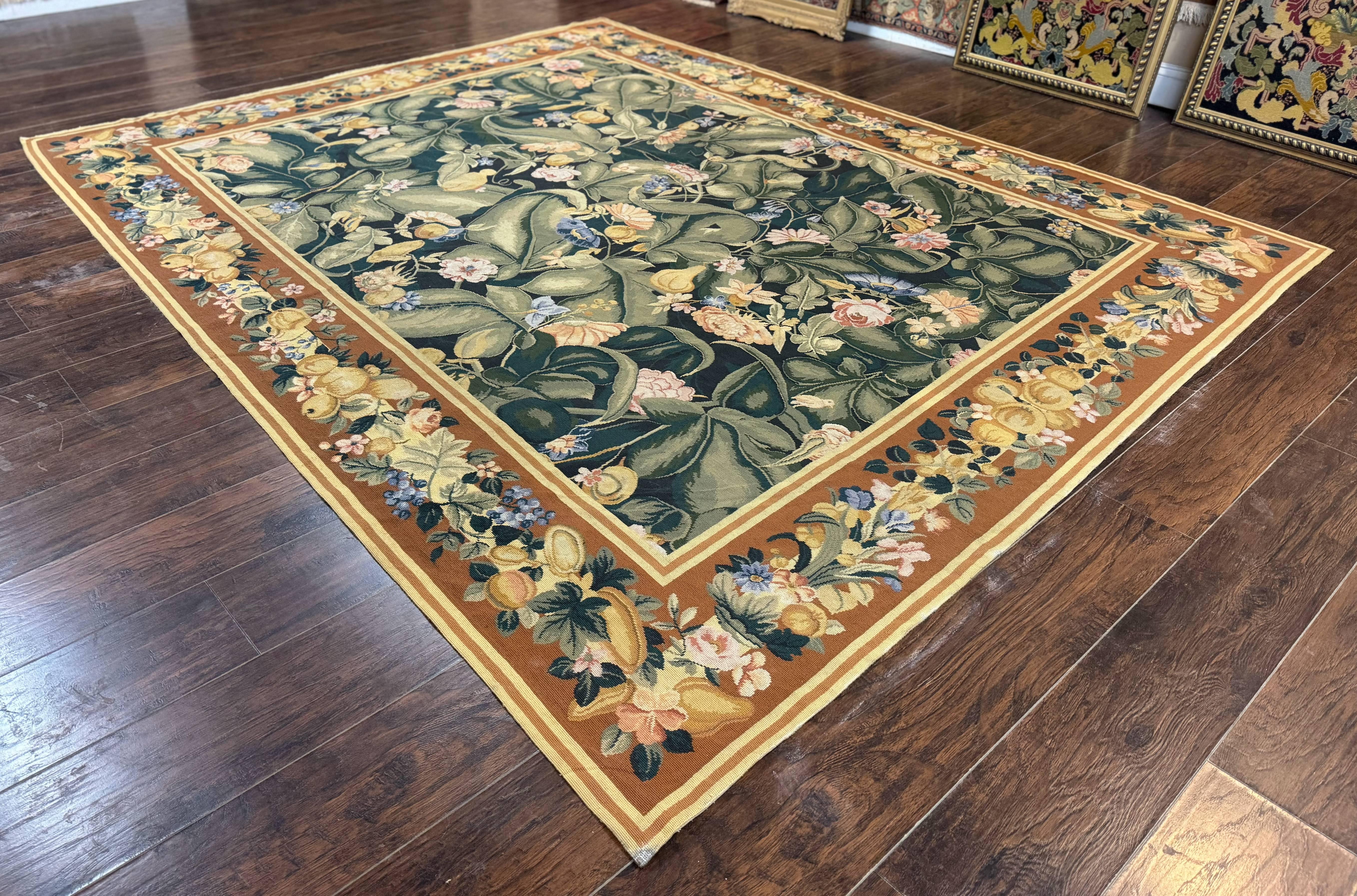 Needlepoint Rug 8x10, Vintage, Handmade, Wool, Green, Leaves & Fruits - Jewel Rugs