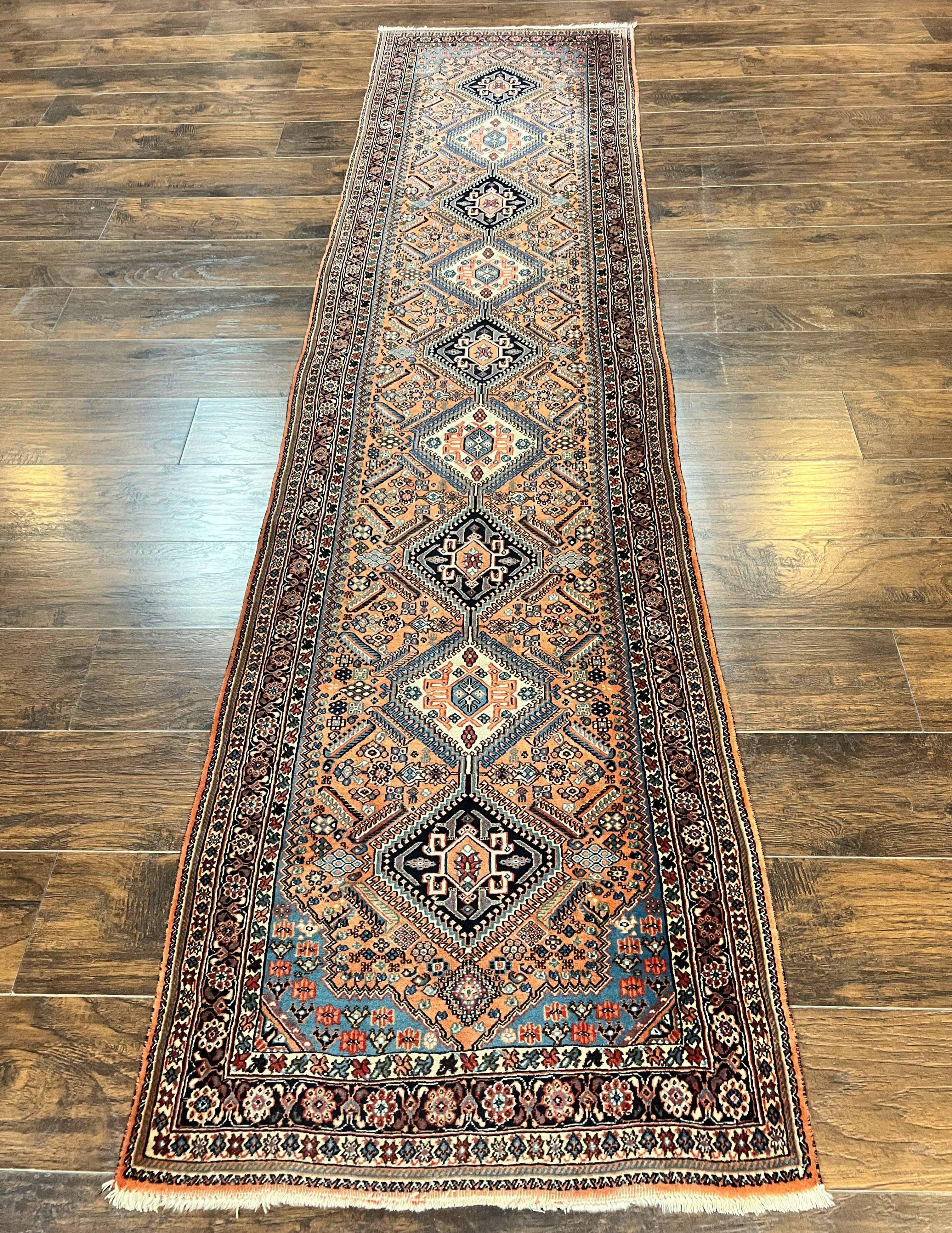 Persian Qashqai Runner Rug 2.6 x 10, Wool Hand Knotted Vintage Tribal Oriental Carpet, Salmon, Geometric Medallions Rug, Hallway Rug - Jewel Rugs