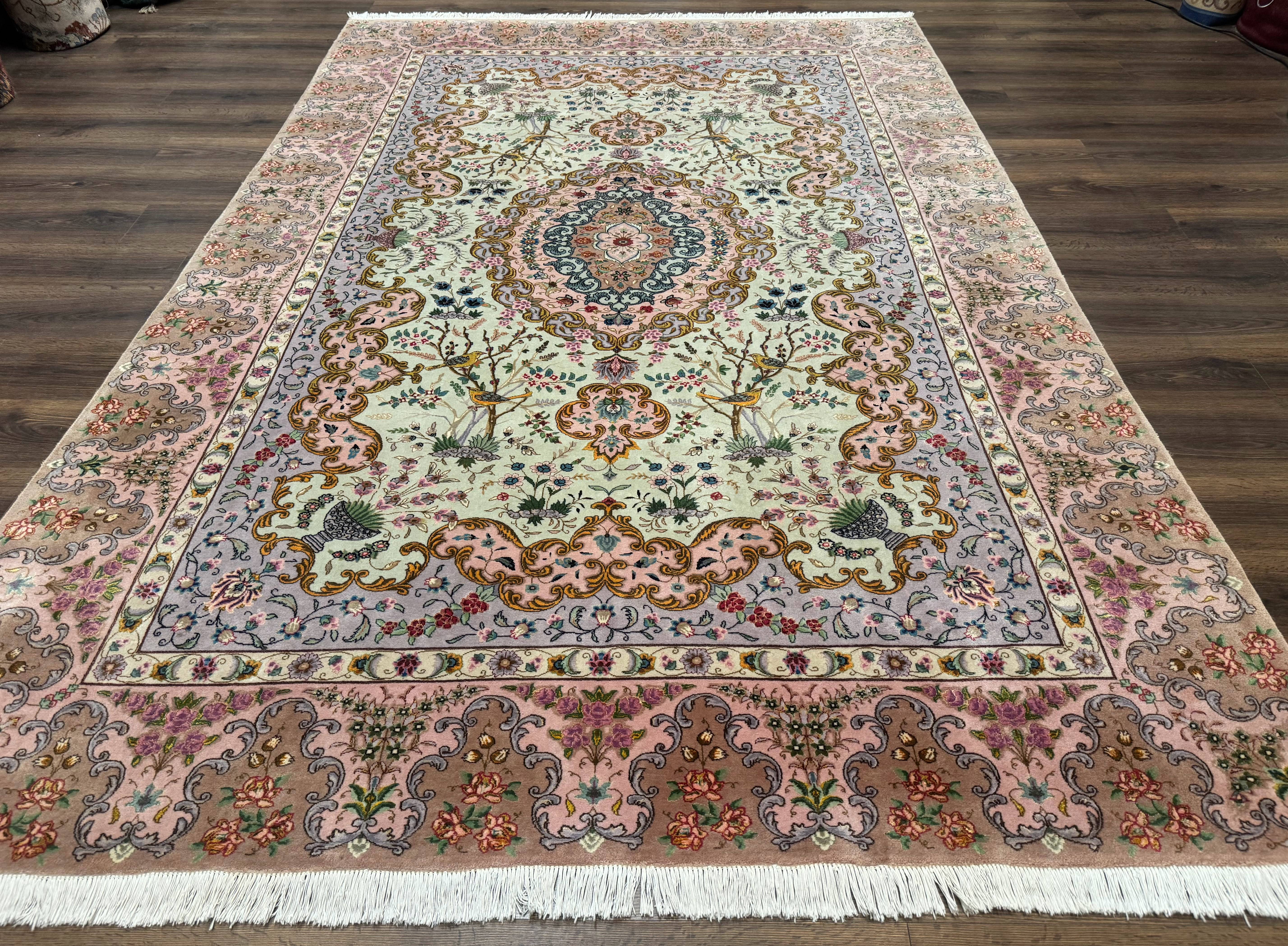 Wonderful Persian Tabriz Rug 7x10, Very Fine 330 KPSI, Light Green Light Blue Pink, Kork Wool Silk Foundation, Bird Pictorials - Jewel Rugs