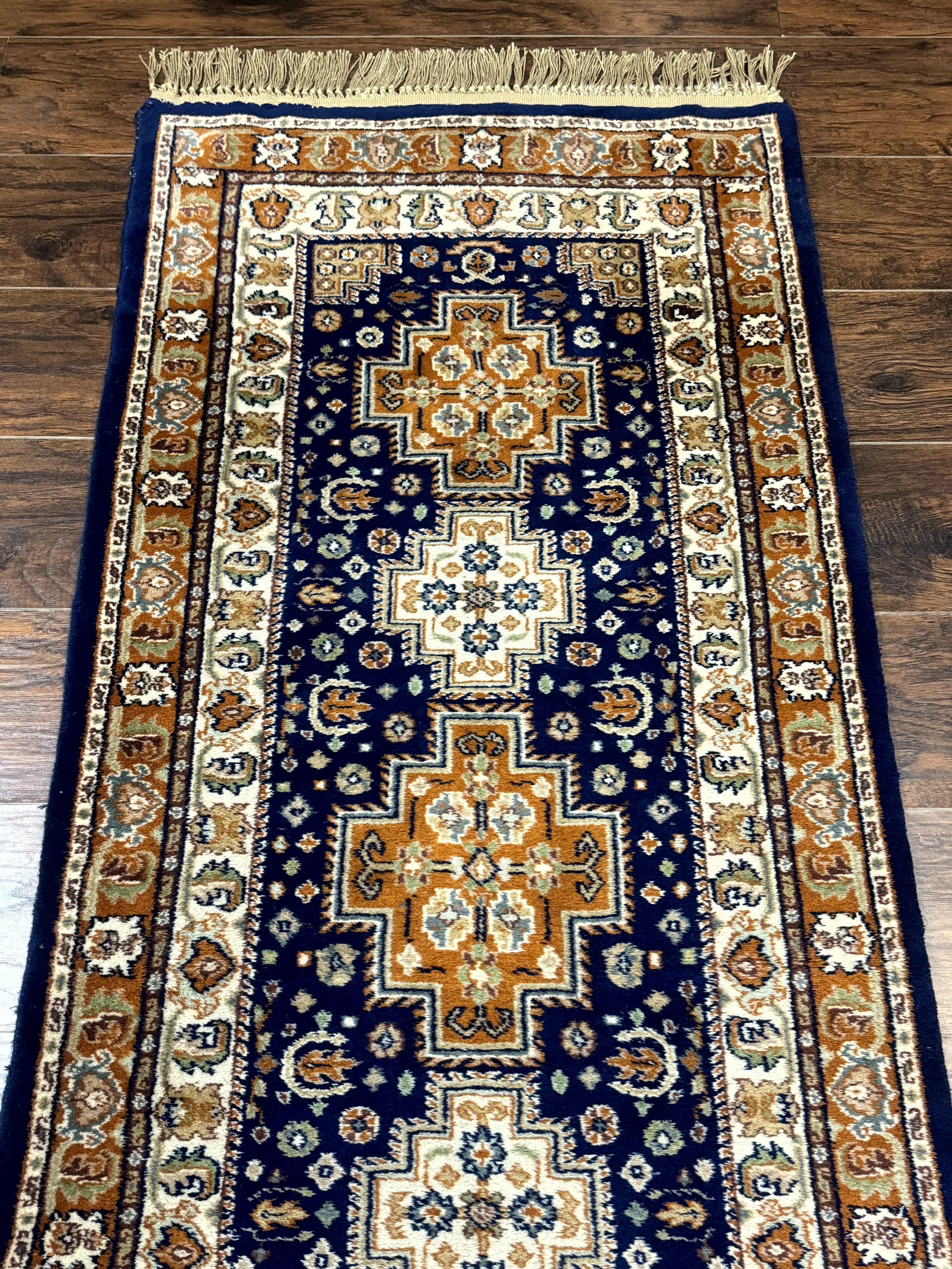 Indo Persian Runner Rug 2.6 x 12.7, Indian Kashmiri Runner for Hallway or Kitchen, Navy Blue, Geometric Medallions, Handmade Wool - Jewel Rugs