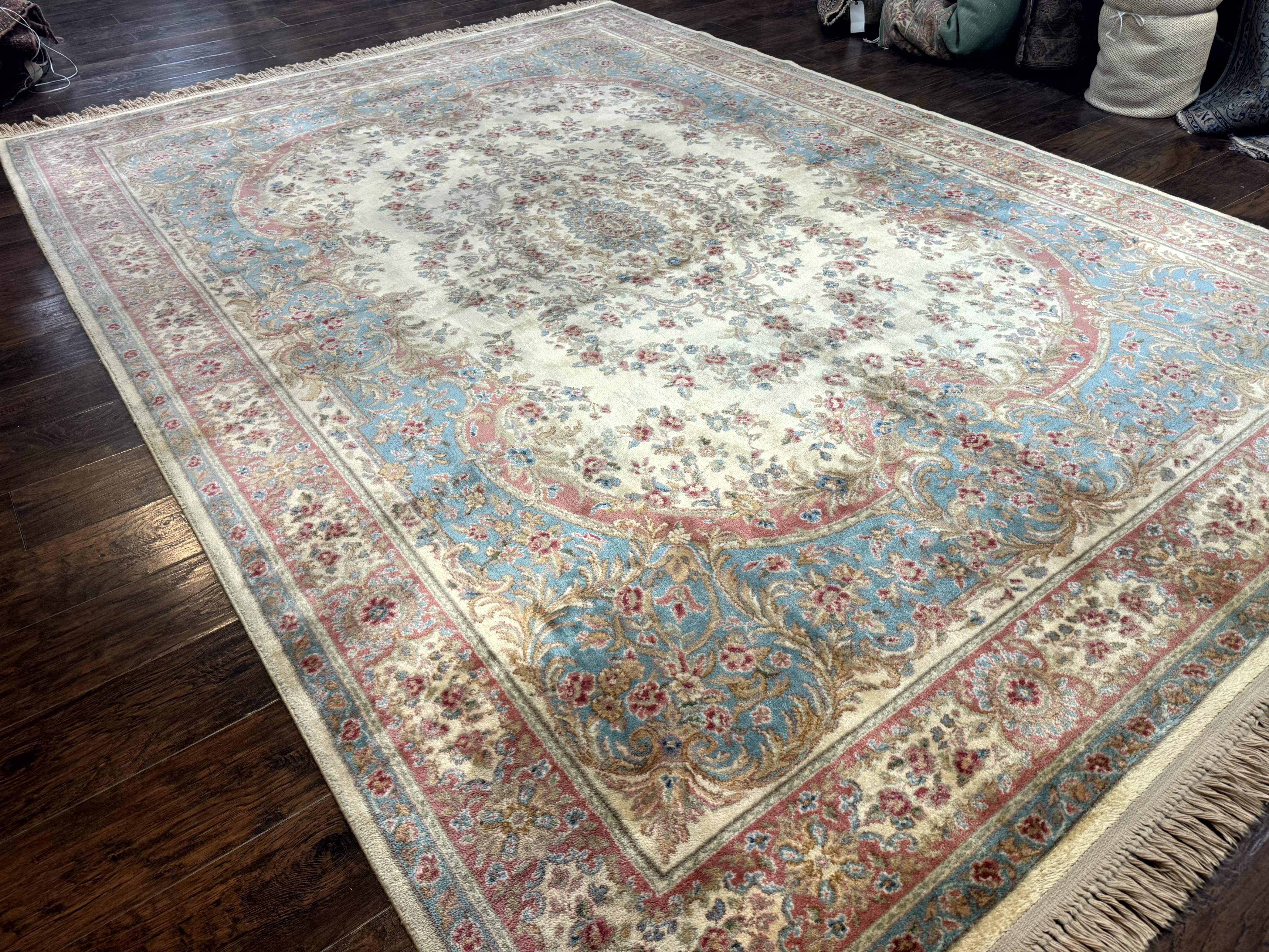 Karastan Rug 8.8 x 12, Ivory Medallion Kirman #700/711, Wool Pile, Vintage - Jewel Rugs