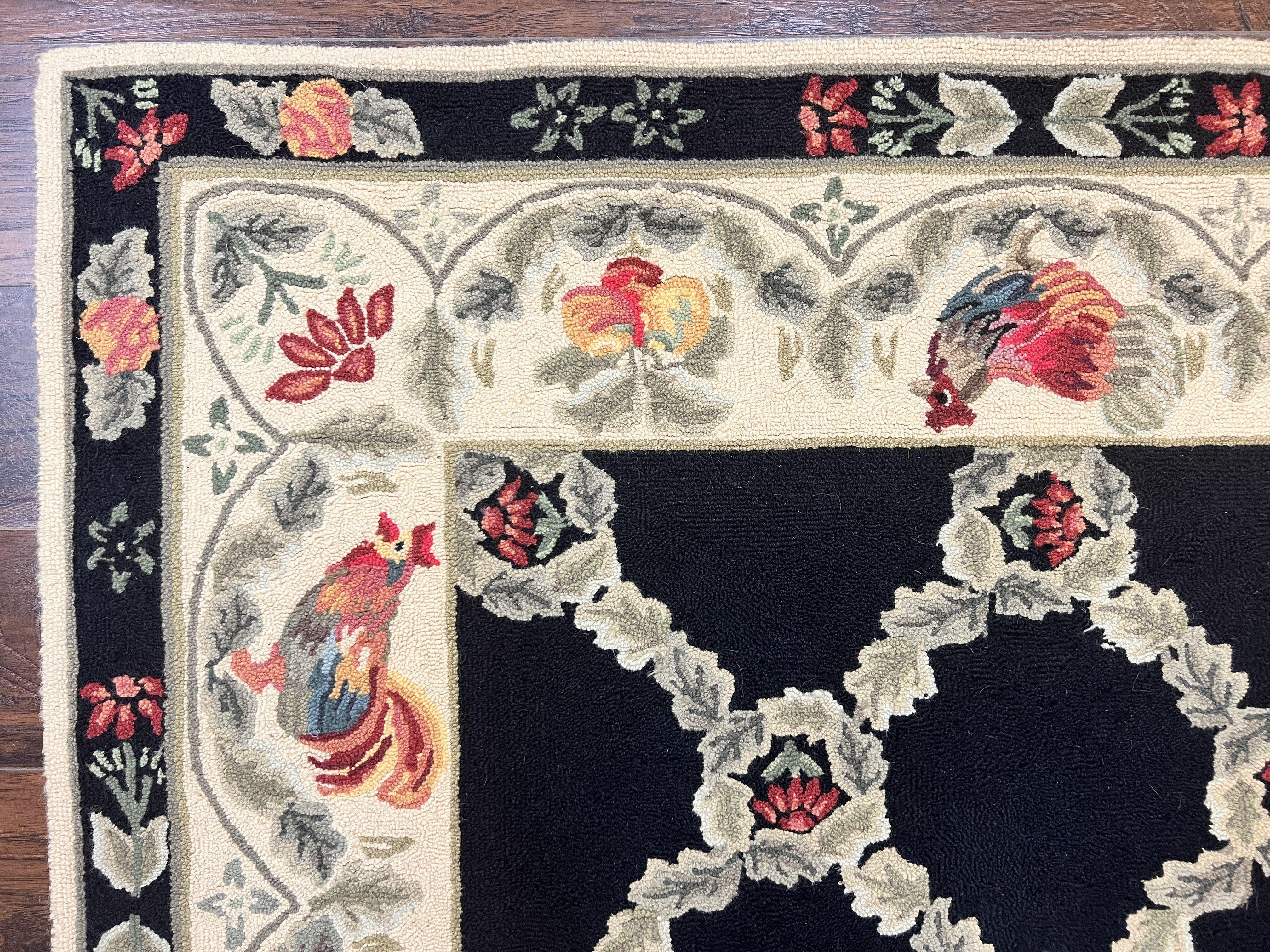 Hooked Rug 5x8, European Aubusson Pattern, Black and Ivory, Roses & Roosters, Vintage Wool Rug - Jewel Rugs