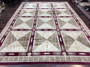 Indo Tibetan Rug 10x14, Nepali Carpet, Large Soft Wool Area Rug, Olive Tan Maroon, Contemporary Rug 10 x 14 ft Living Room Rug, Handmade Rug