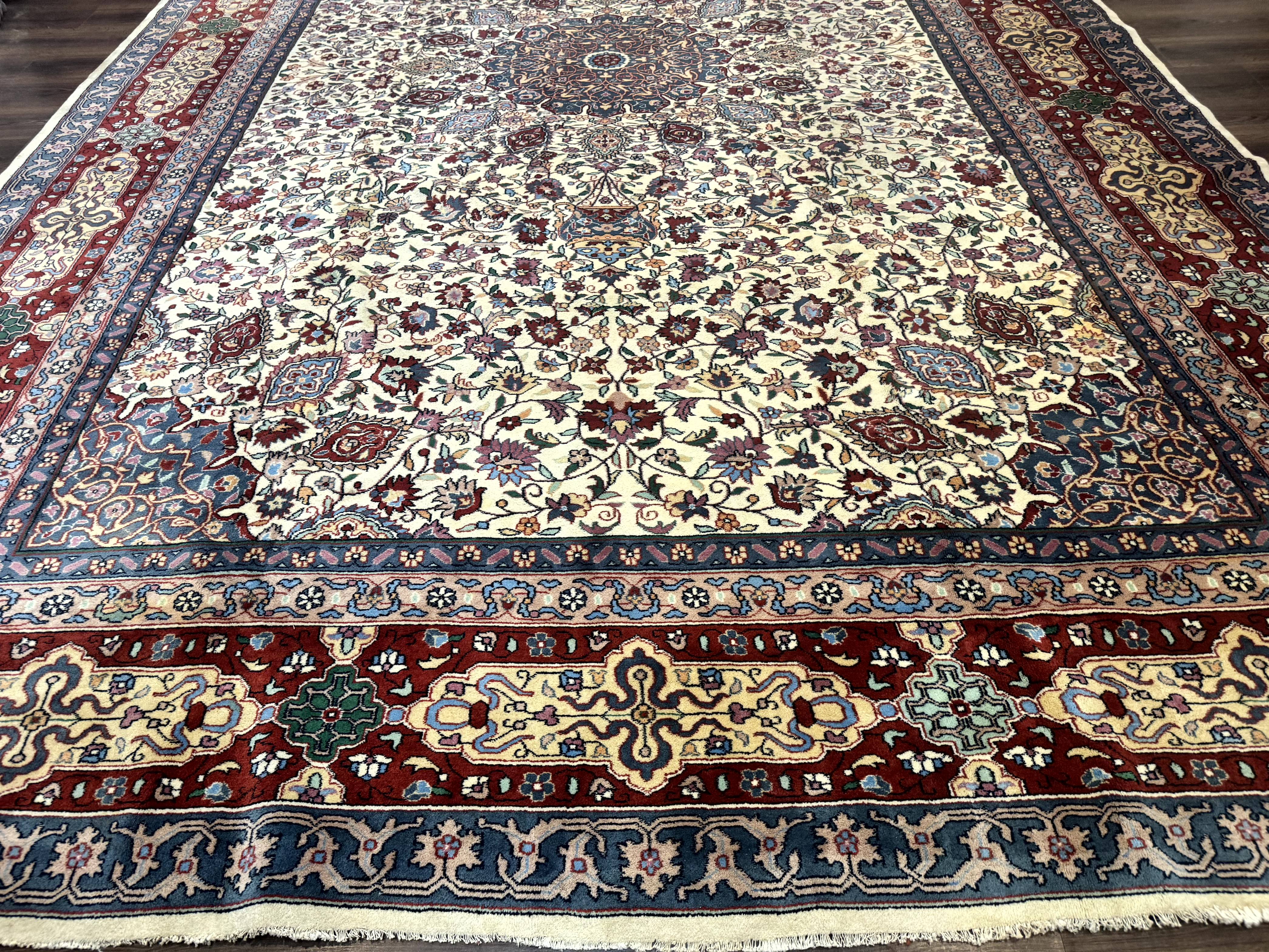 Persian Mashad Rug 10x16, Palace Size Handmade Wool Carpet, Cream Red, Floral Medallion, Vintage - Jewel Rugs