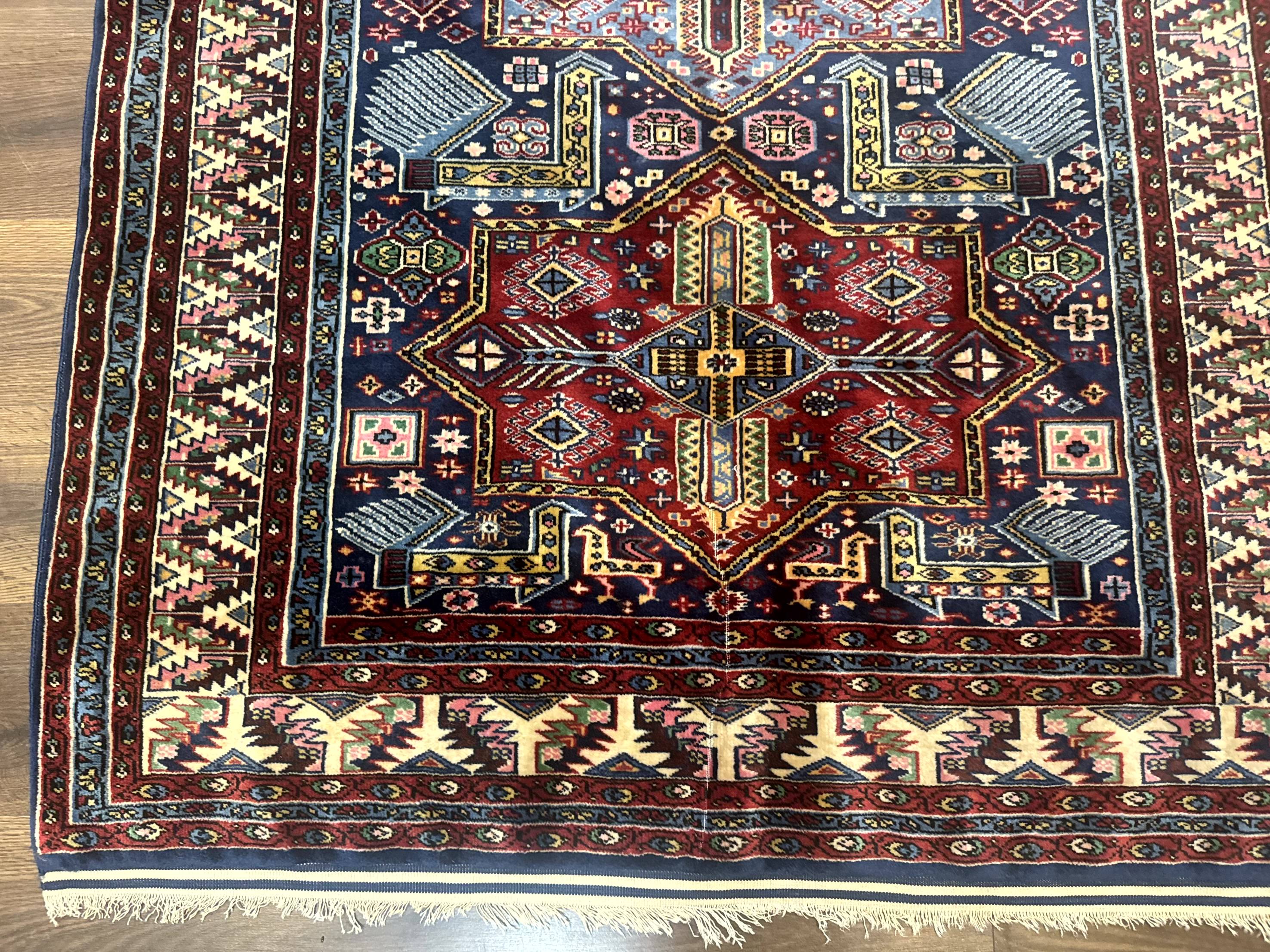 Indian Rug with Caucasian Design, 4x6 Geometric Carpet, Navy Blue and Cream - Jewel Rugs