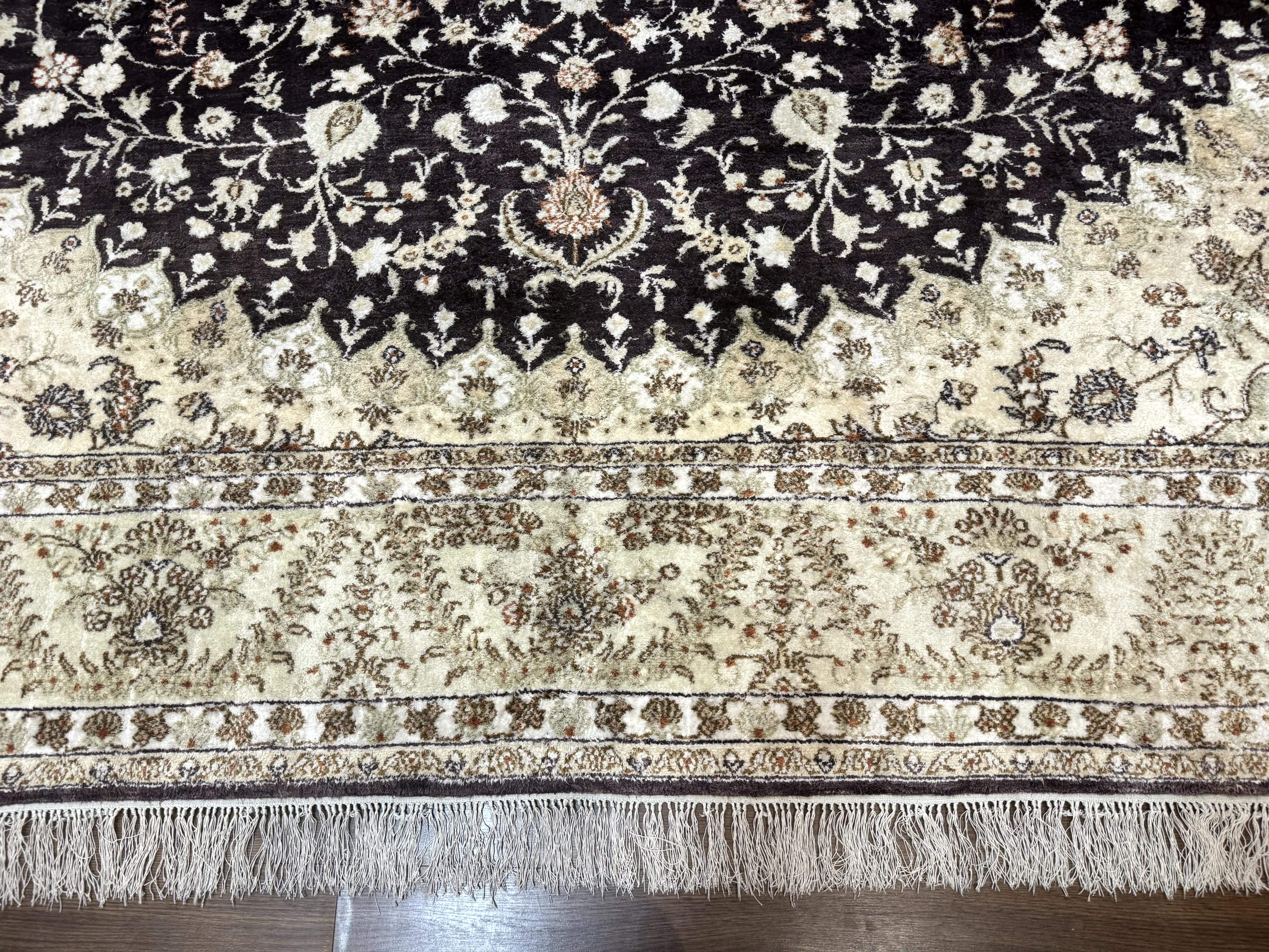 Indian Kashmiri Silk Rug 10x14, Floral Medallion - Jewel Rugs