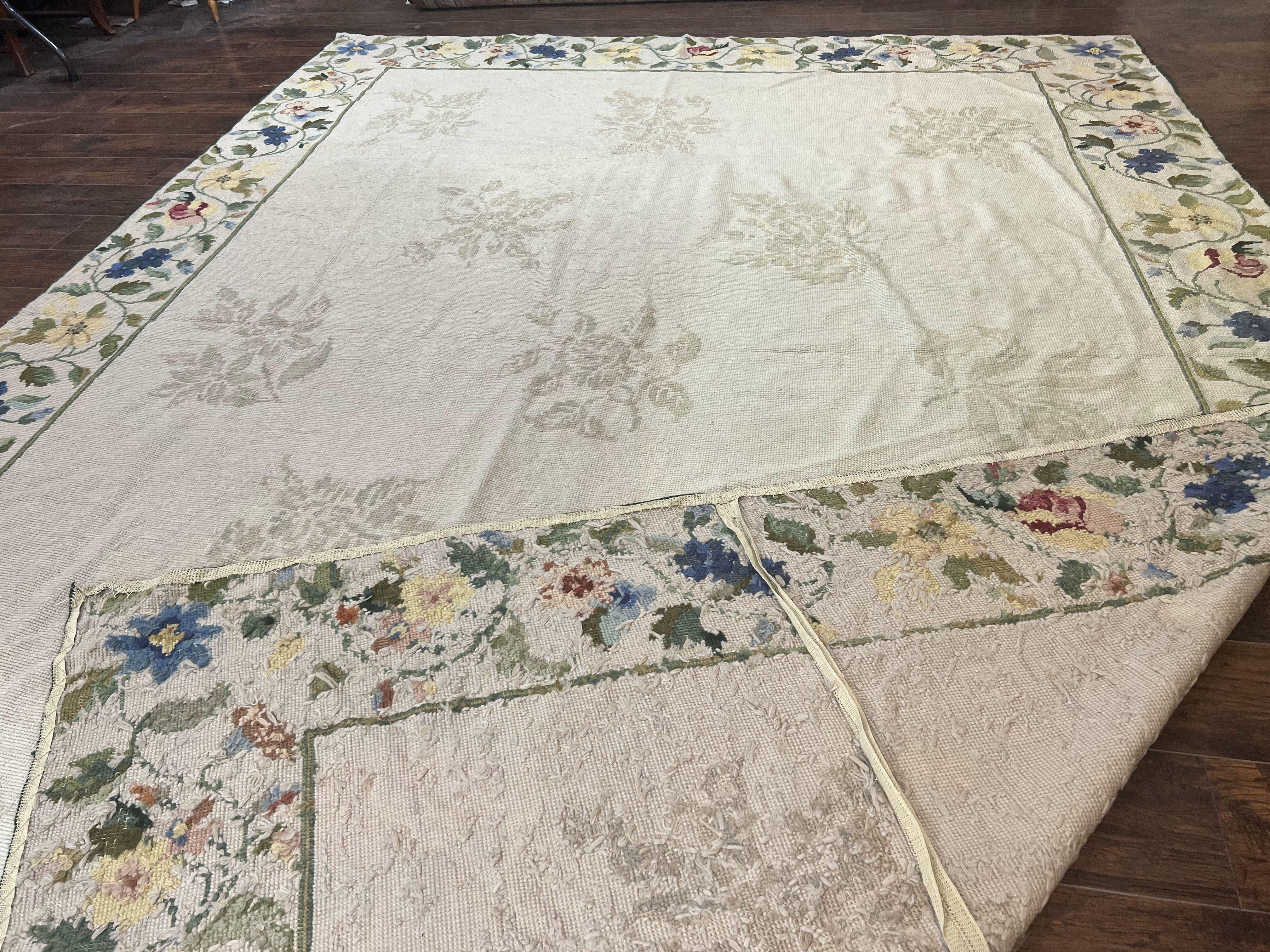 Spanish Needlepoint Rug 9x14, Floral, European Design, Handmade, Vintage Needlepoint Carpet, Room Sized Wool Rug - Jewel Rugs