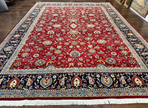 Pak Persian Rug 9x12, Red and Navy Blue, Floral Allover, Hand Knotted Vintage Wool Carpet, Fine 260 KPSI