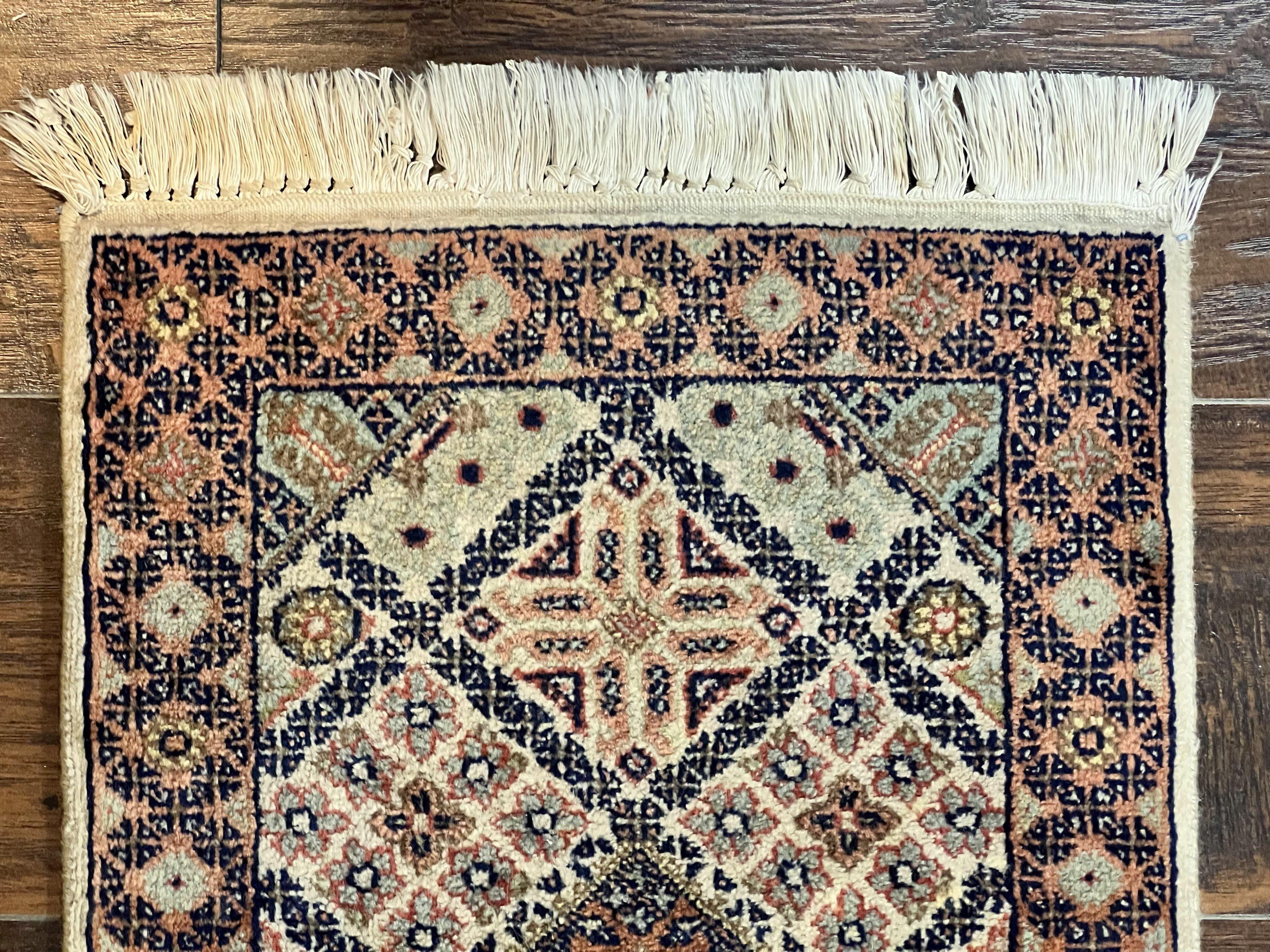 Small Indo Persian Rug 1.5 x 2, Hand Knotted Oriental Carpet, Wool Vintage Handmade, Cream Multicolor, Panel Design - Jewel Rugs