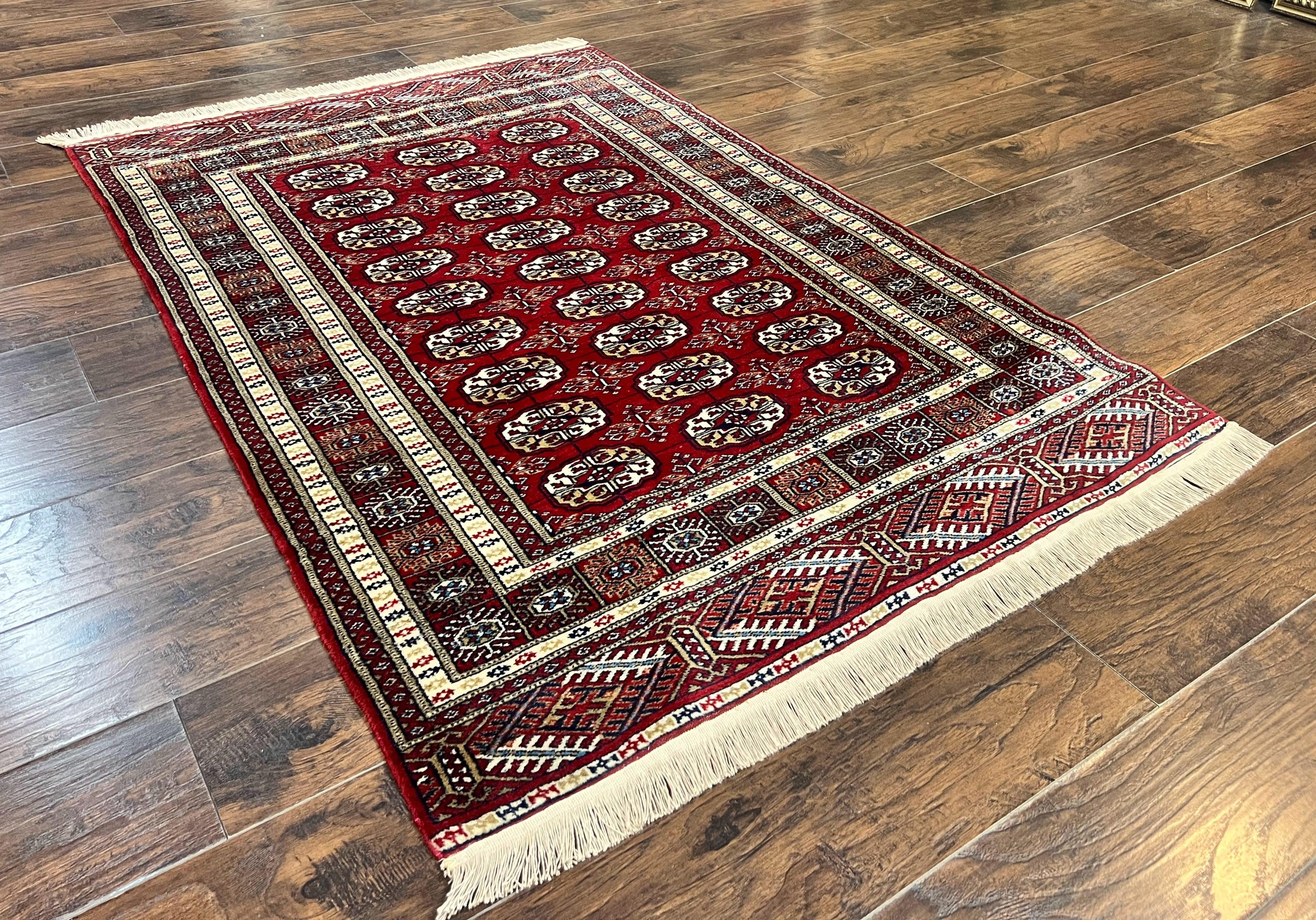 Pakistani Bokhara Rug 4x6, Red Turkoman Carpet, Finely Hand Knotted, Wool Vintage Rug - Jewel Rugs