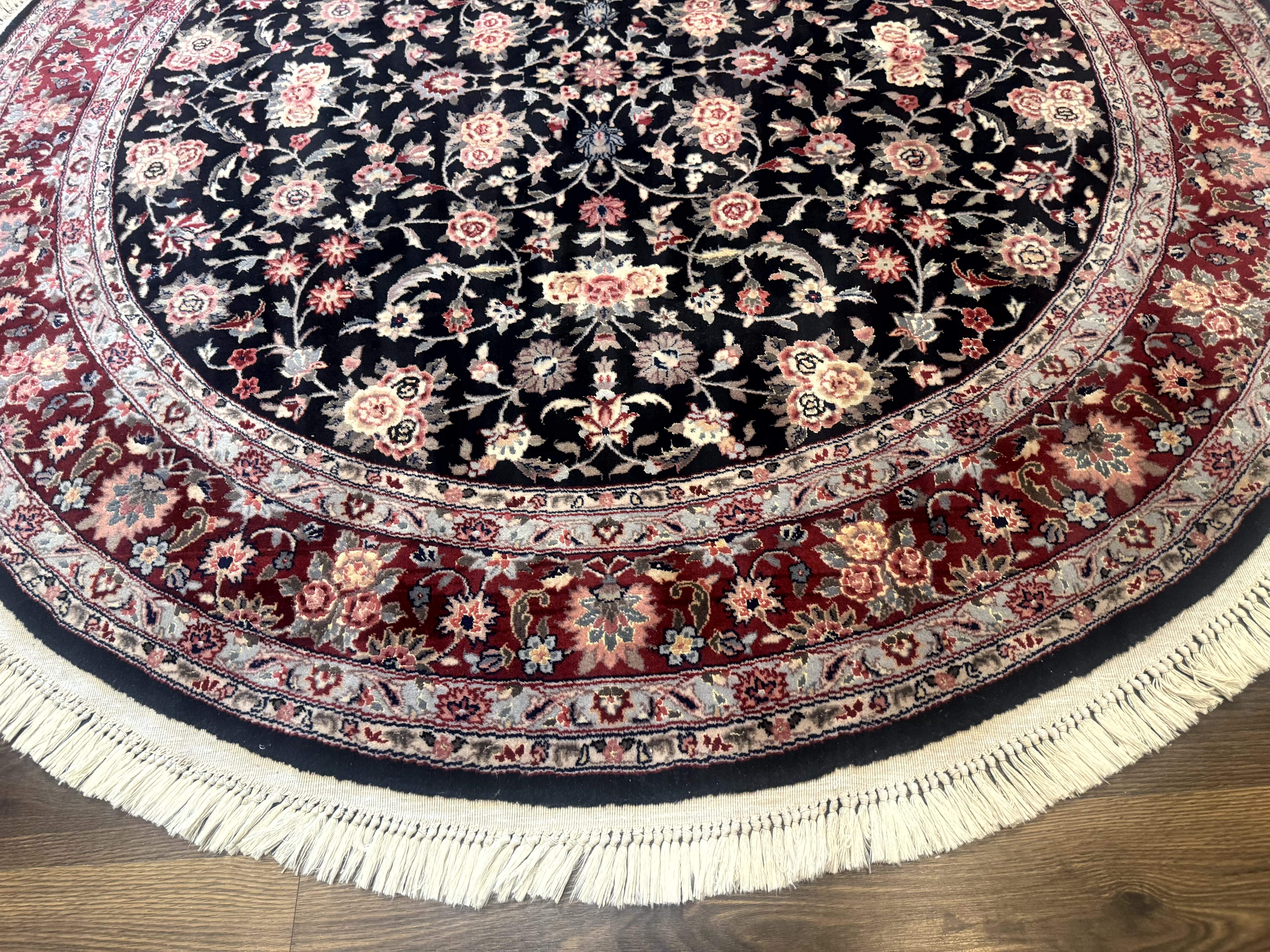 Round Sino Persian Rug 6x6, Floral, Navy Blue and Red, Wool and Silk Highlights - Jewel Rugs