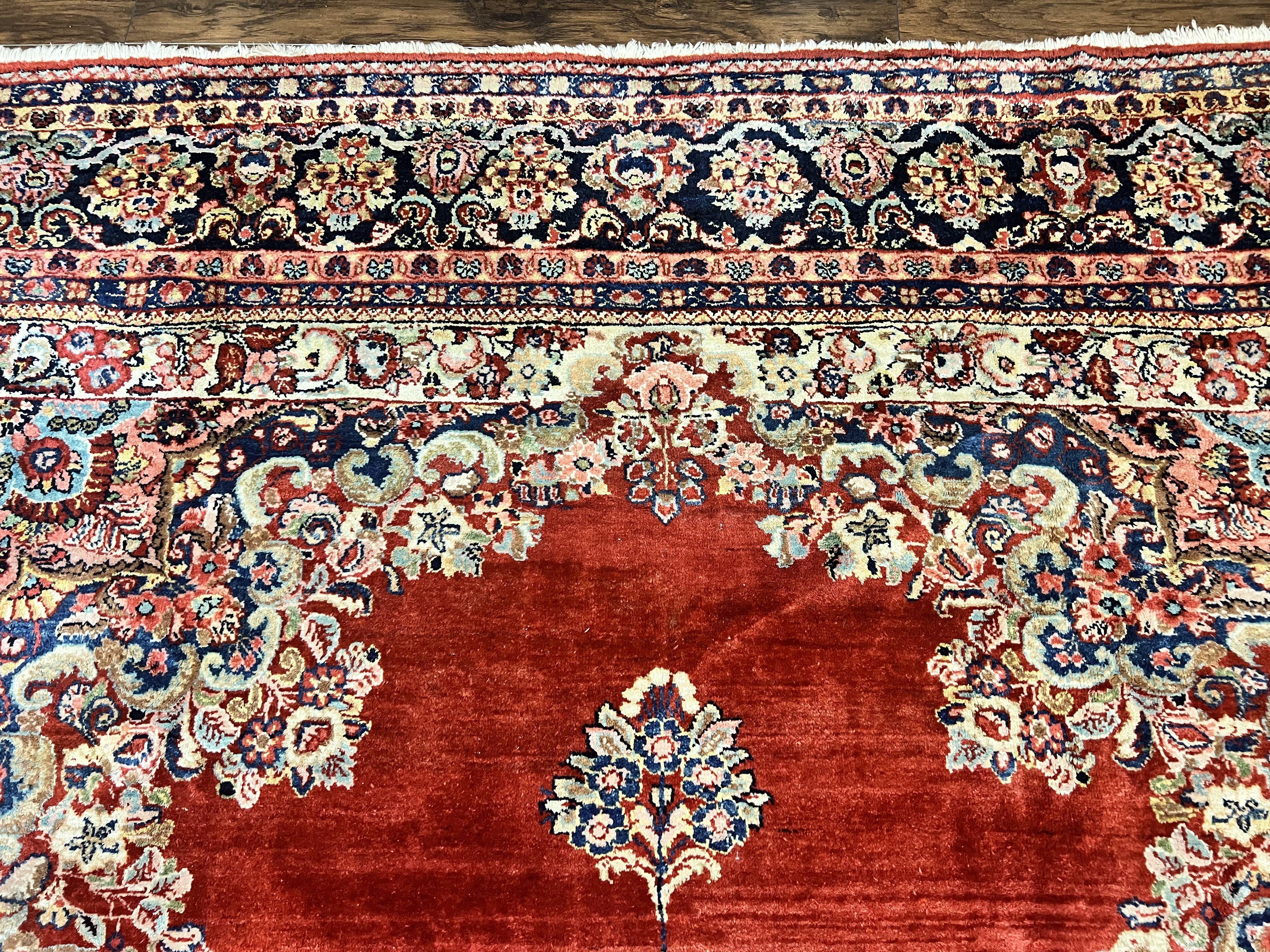 Persian Sarouk Rug 11x14, Semi Open Field, Large Antique Persian Wool Handmade Carpet, Red and Dark Blue, Floral - Jewel Rugs