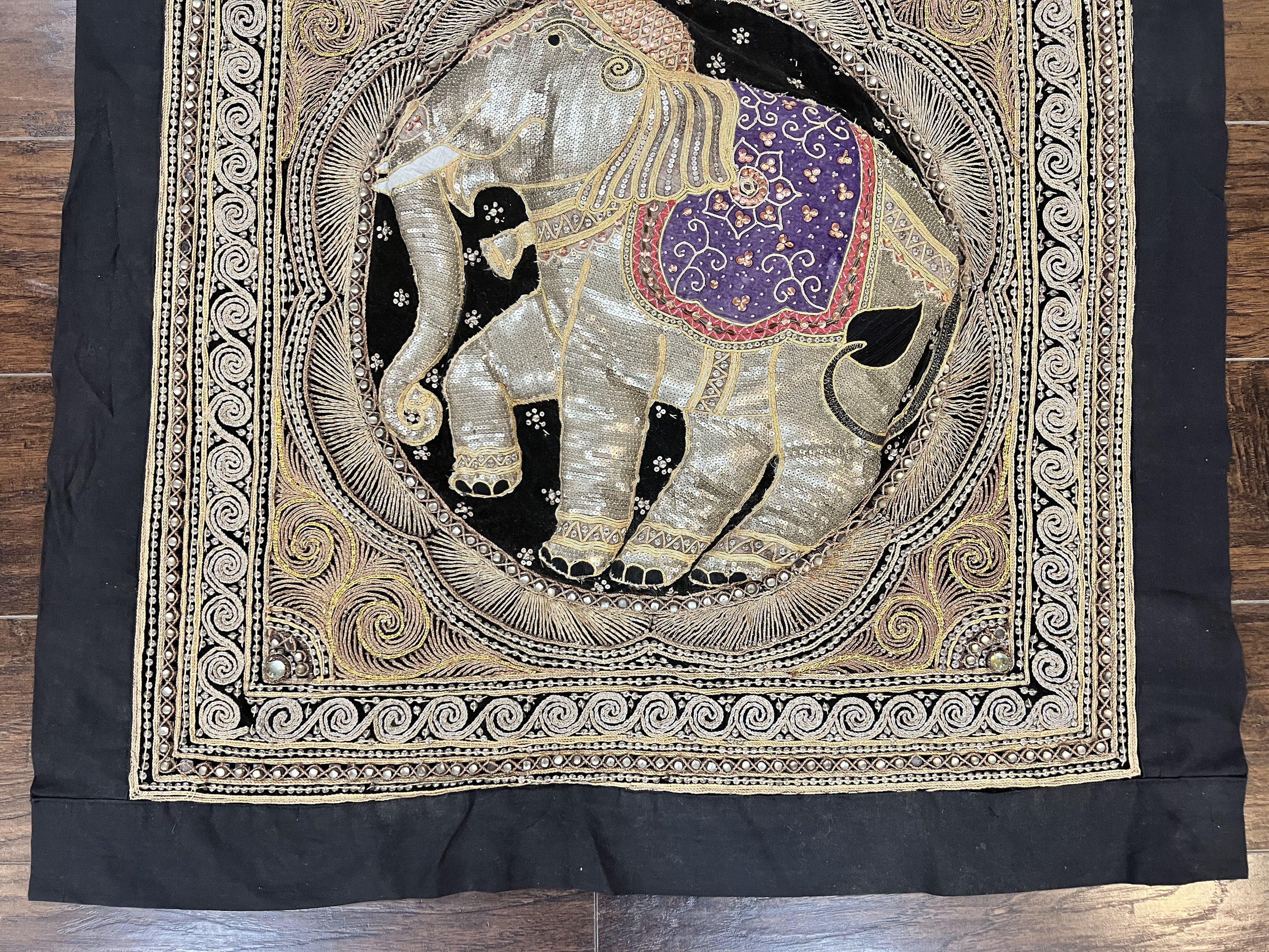 Indian Embroidery 3x3, Elephant Design, Detailed Needlepoint, Beadwork - Jewel Rugs