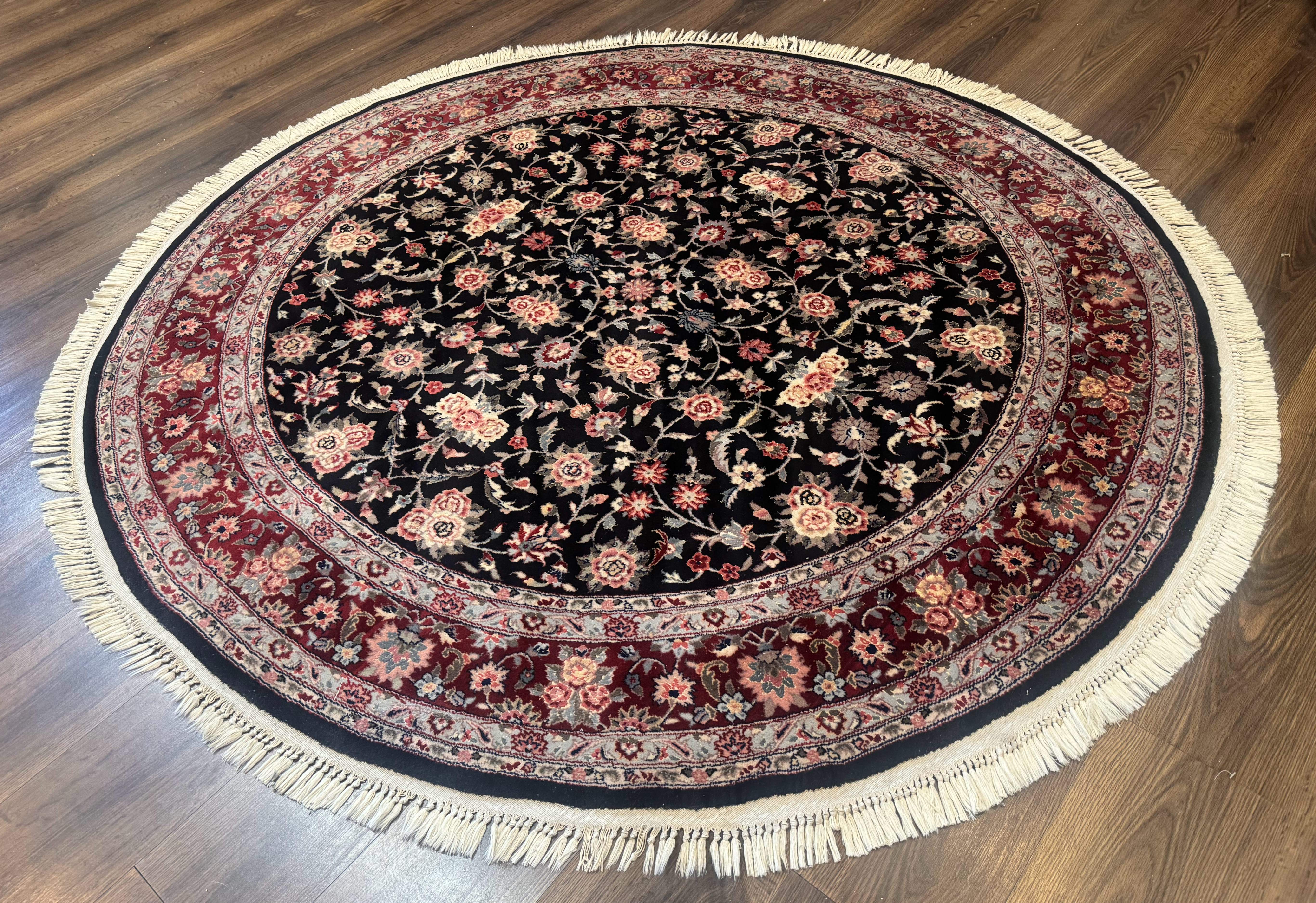 Round Sino Persian Rug 6x6, Floral, Navy Blue and Red, Wool and Silk Highlights - Jewel Rugs