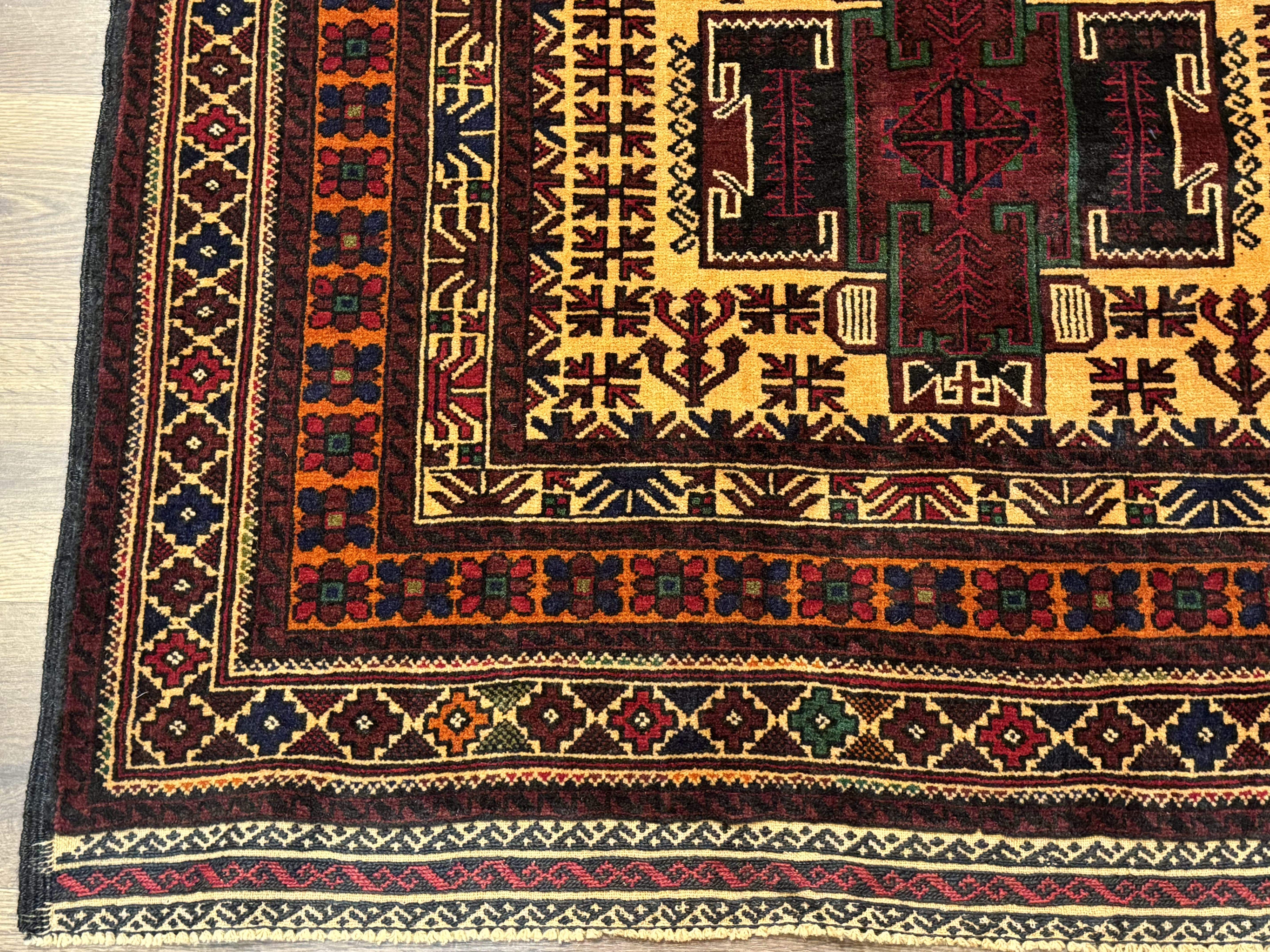 Persian Baluch Rug 4x7 – Golden Yellow and Burgundy, Hand-Knotted Wool Tribal Carpet - Jewel Rugs