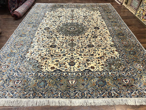Persian Kashan Rug 10x13, Floral Medallion, Cream, Hand Knotted Antique Persian Carpet, Large Wool Rug