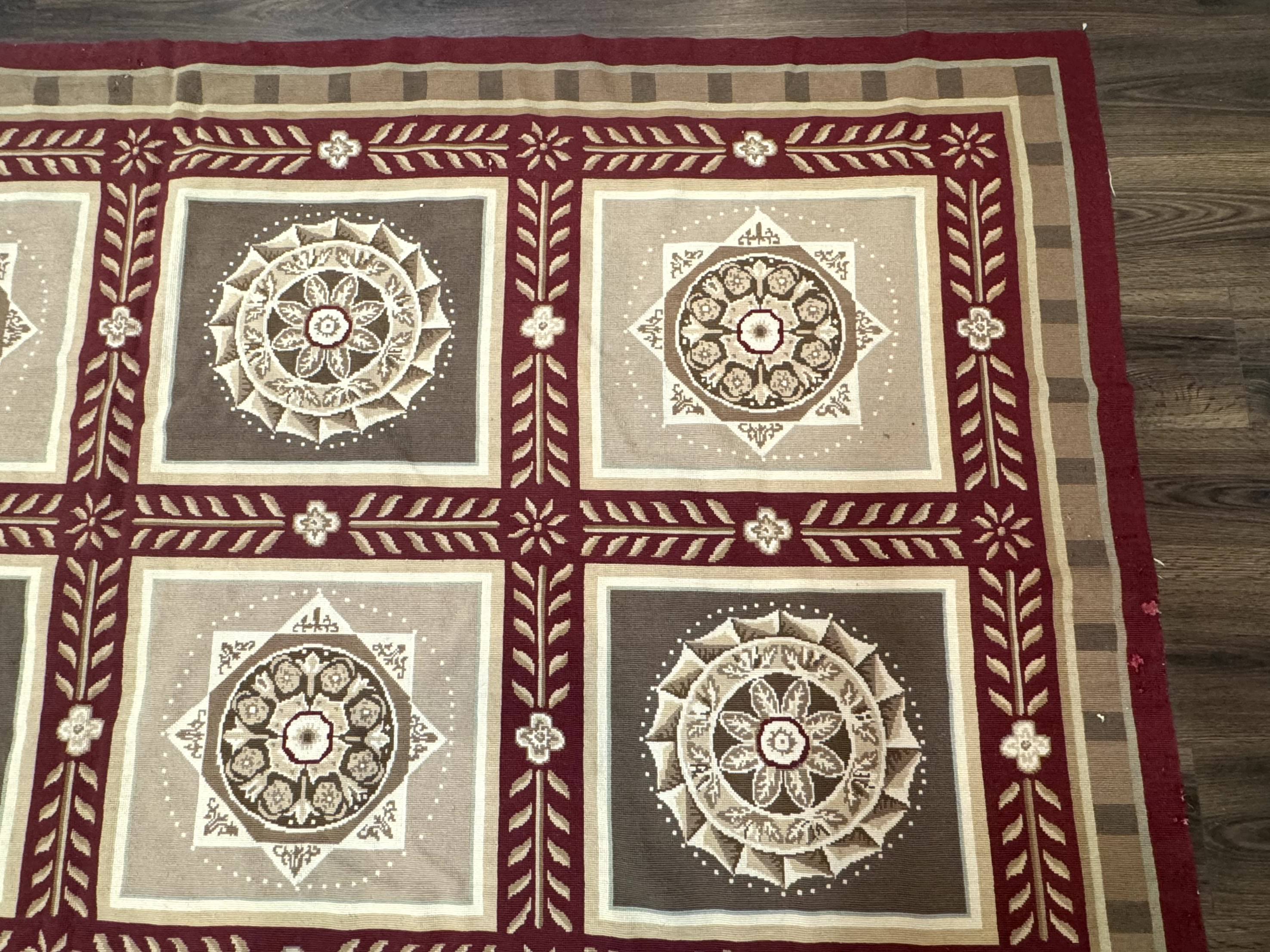Needlepoint Rug 9x12, Panel Design, Burgundy Taupe, Elegant - Jewel Rugs