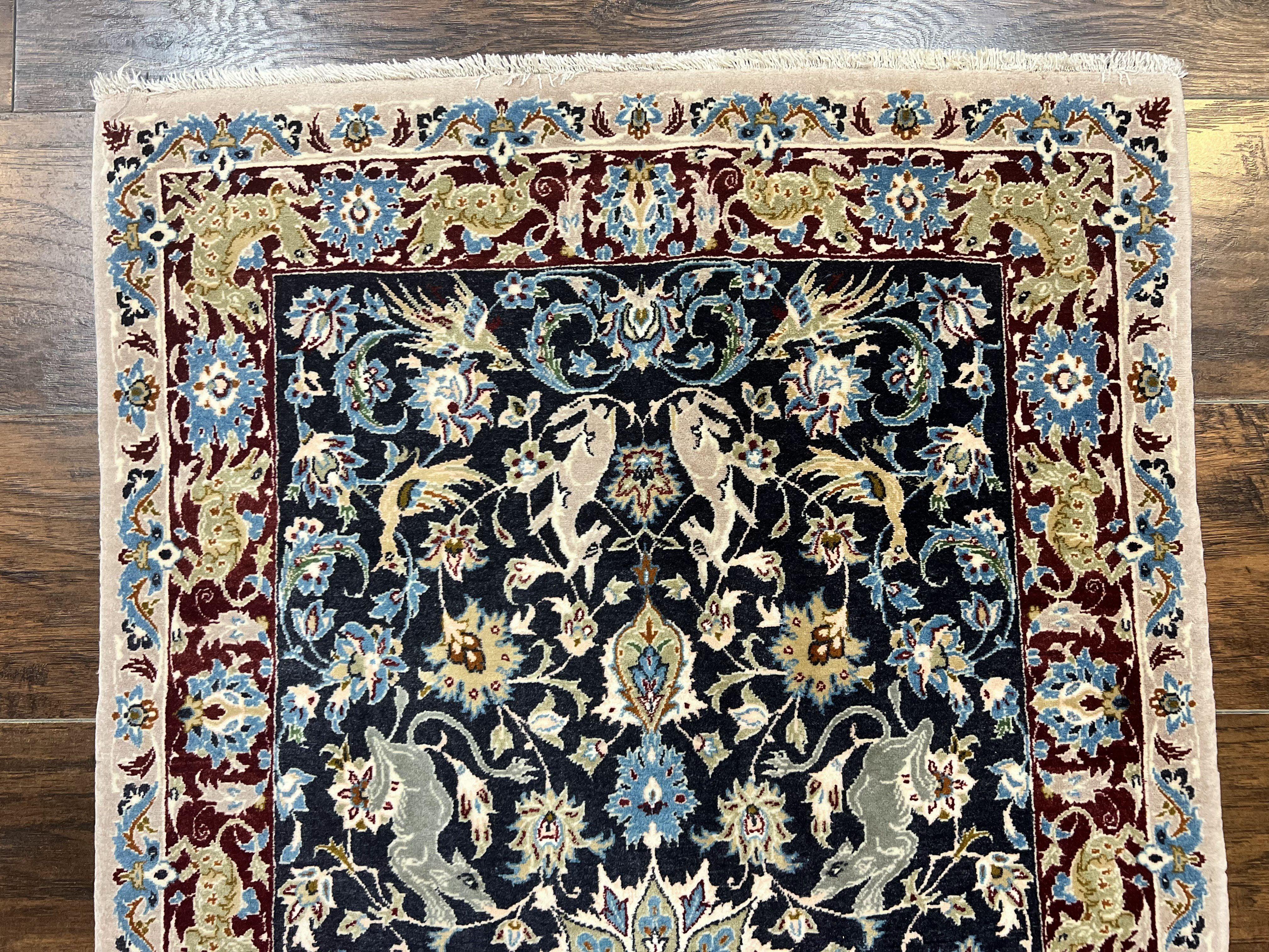 Wonderful Persian Isfahan Rug 2.4 x 4, Animal Pictorials Deer, Floral, Handmade Vintage Navy Blue Small Persian Carpet, Very Fine 430 KPSI Kork Wool - Jewel Rugs