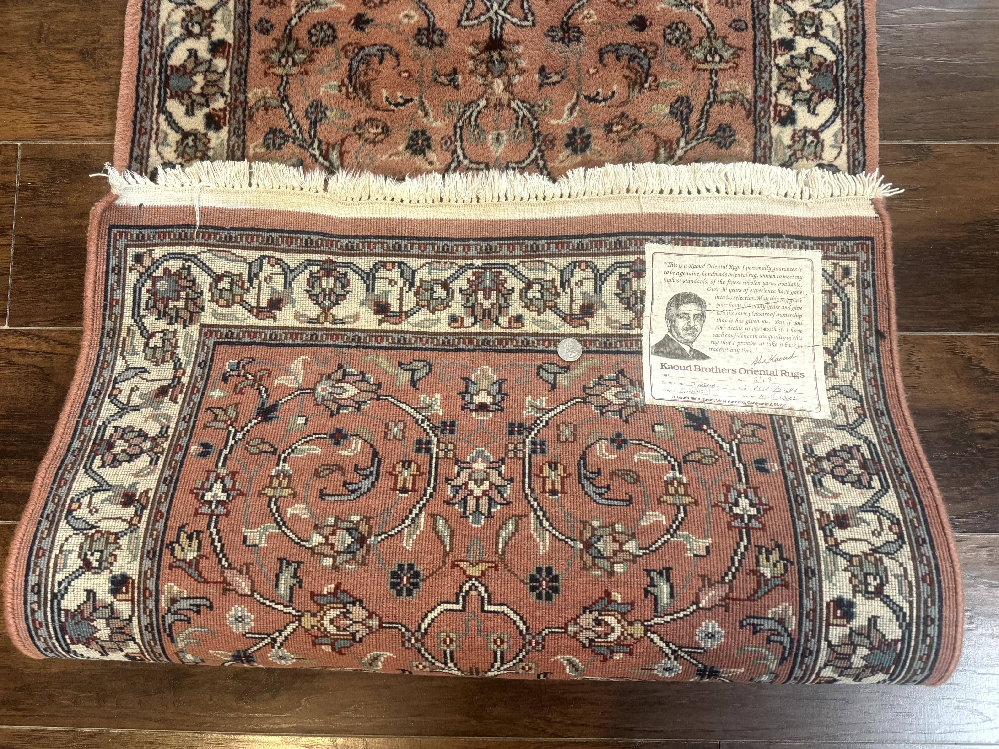 Indo Persian Runner Rug 2.6 x 10, Coral and Cream, Hand Knotted 10ft Wool Oriental Runner for Hallway or Kitchen - Jewel Rugs