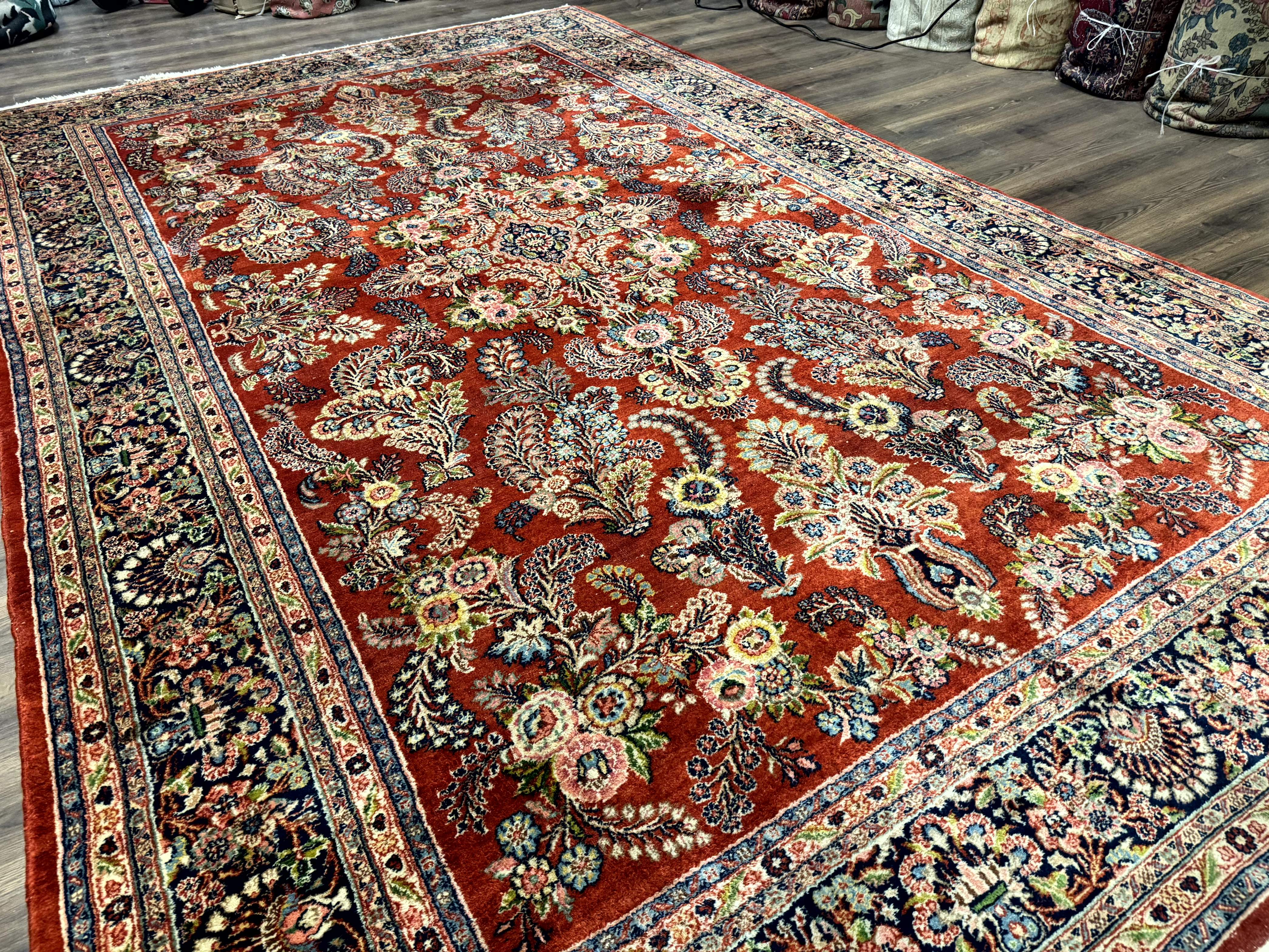Persian Sarouk Rug 9x14 – Red and Navy, Floral Allover - Jewel Rugs