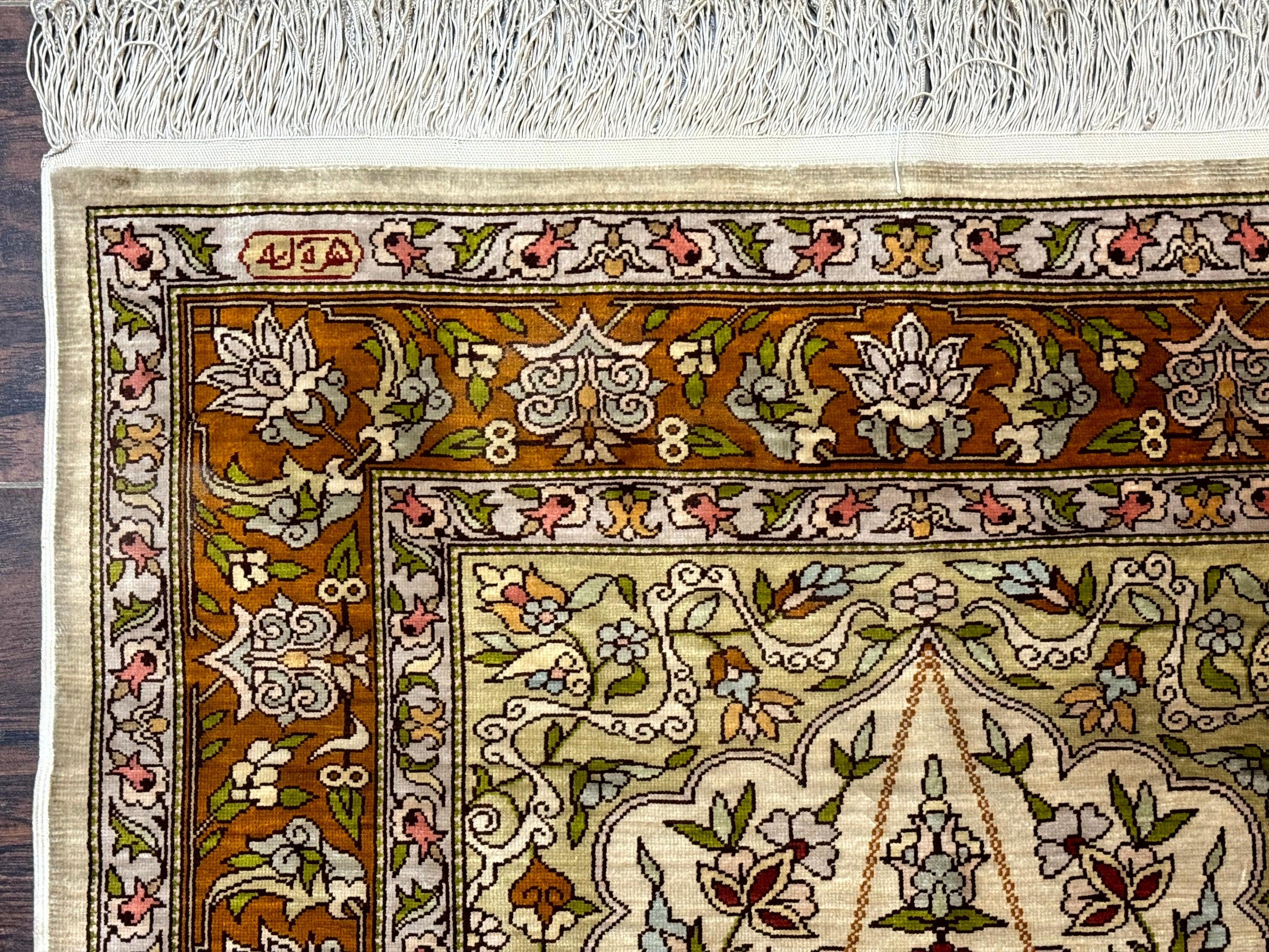 Silk Turkish Hereke Rug 2x3, Birds Lantern Very Fine 400 KPSI, Signed by Masterweaver, Wonderful, Rare, Small Hereke Rug - Jewel Rugs