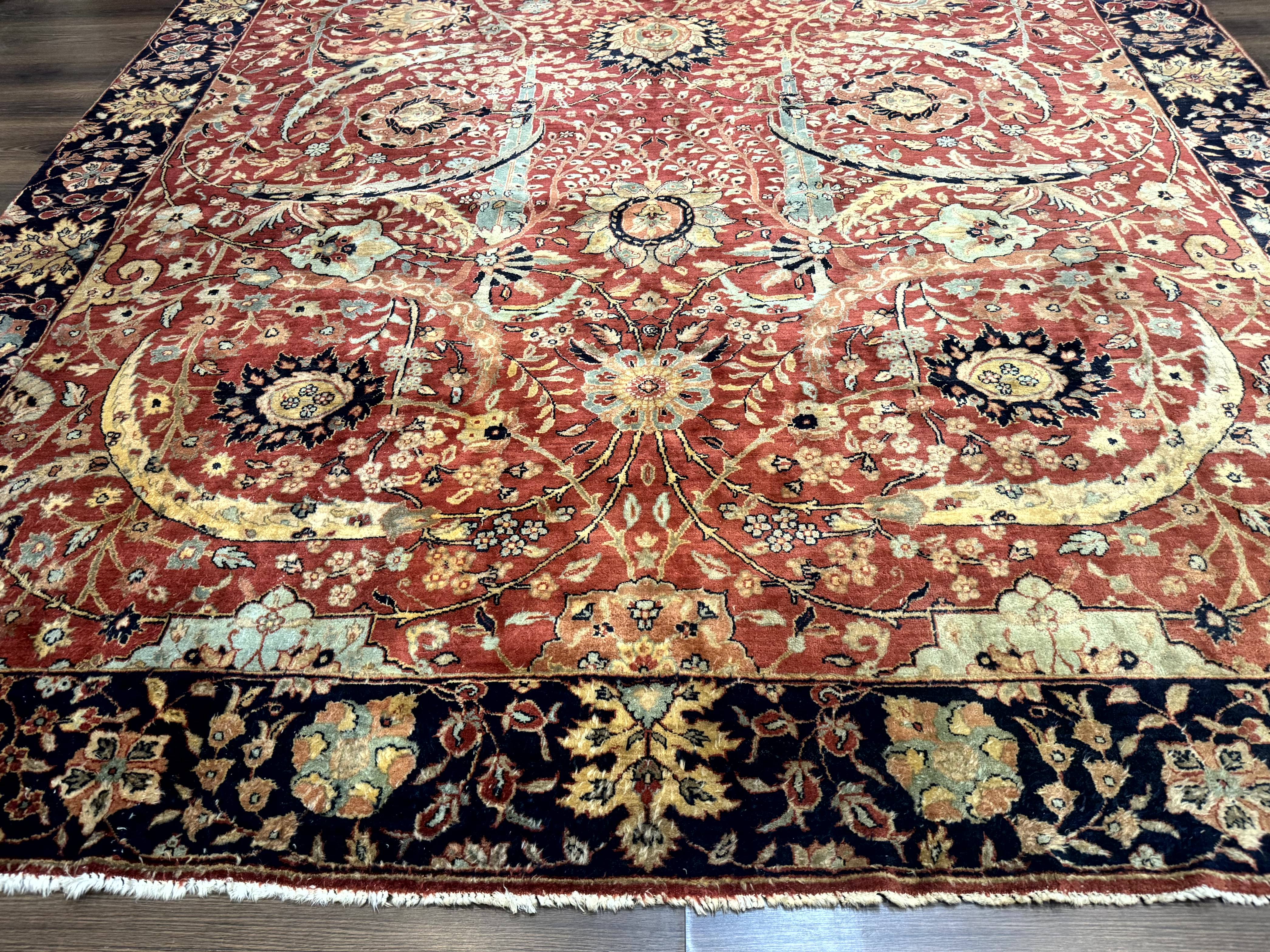 Indian Agra Rug 9x11, Terracotta and Navy Blue, Sickle Leaf Rug - Jewel Rugs