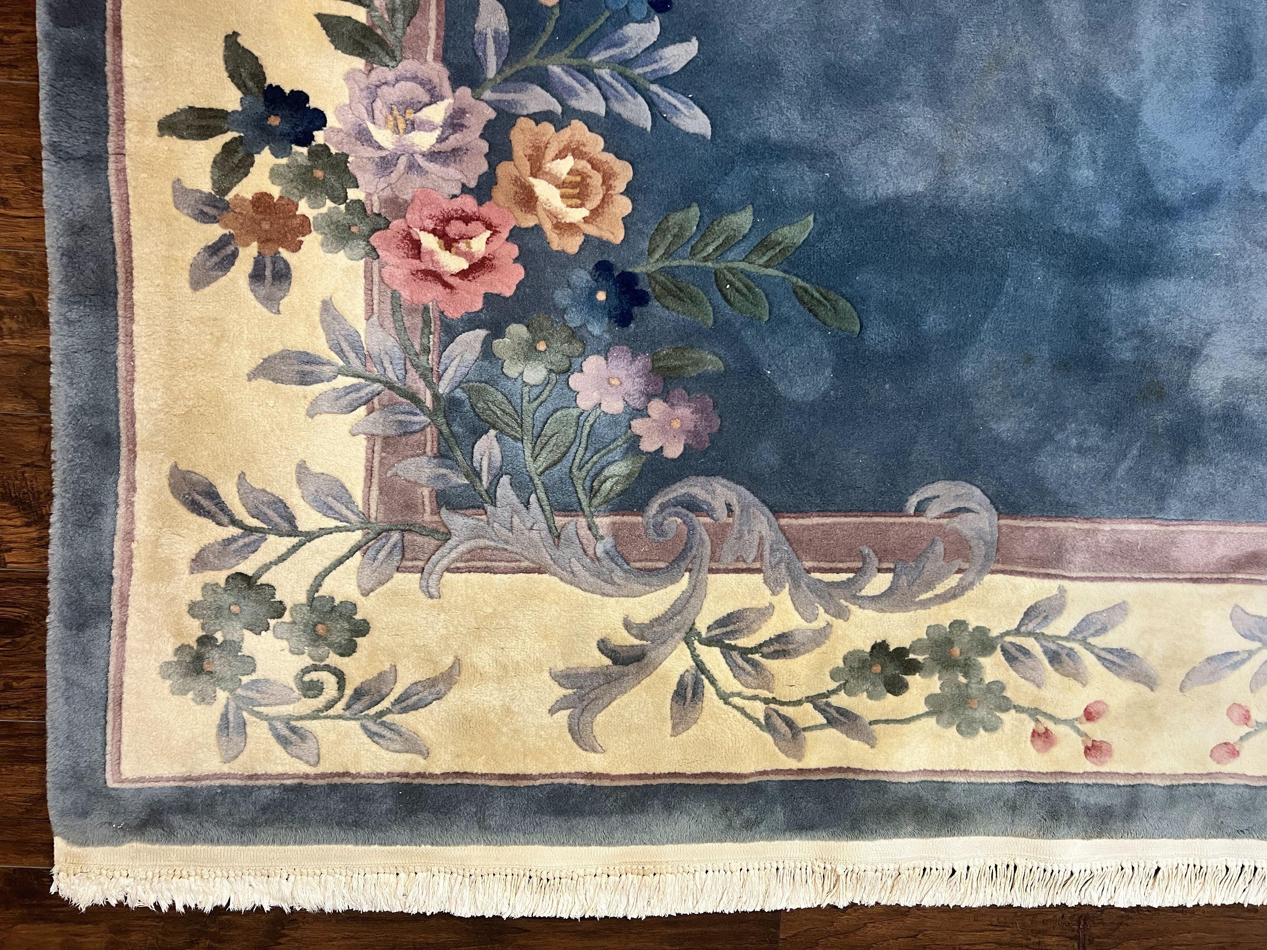 Chinese Wool Rug 10x13, Art Deco Carpet, Chinese Oriental 90 Line Carving Rug 10 x 13, Steel Blue and Cream, Soft, Handmade Vintage Rug - Jewel Rugs