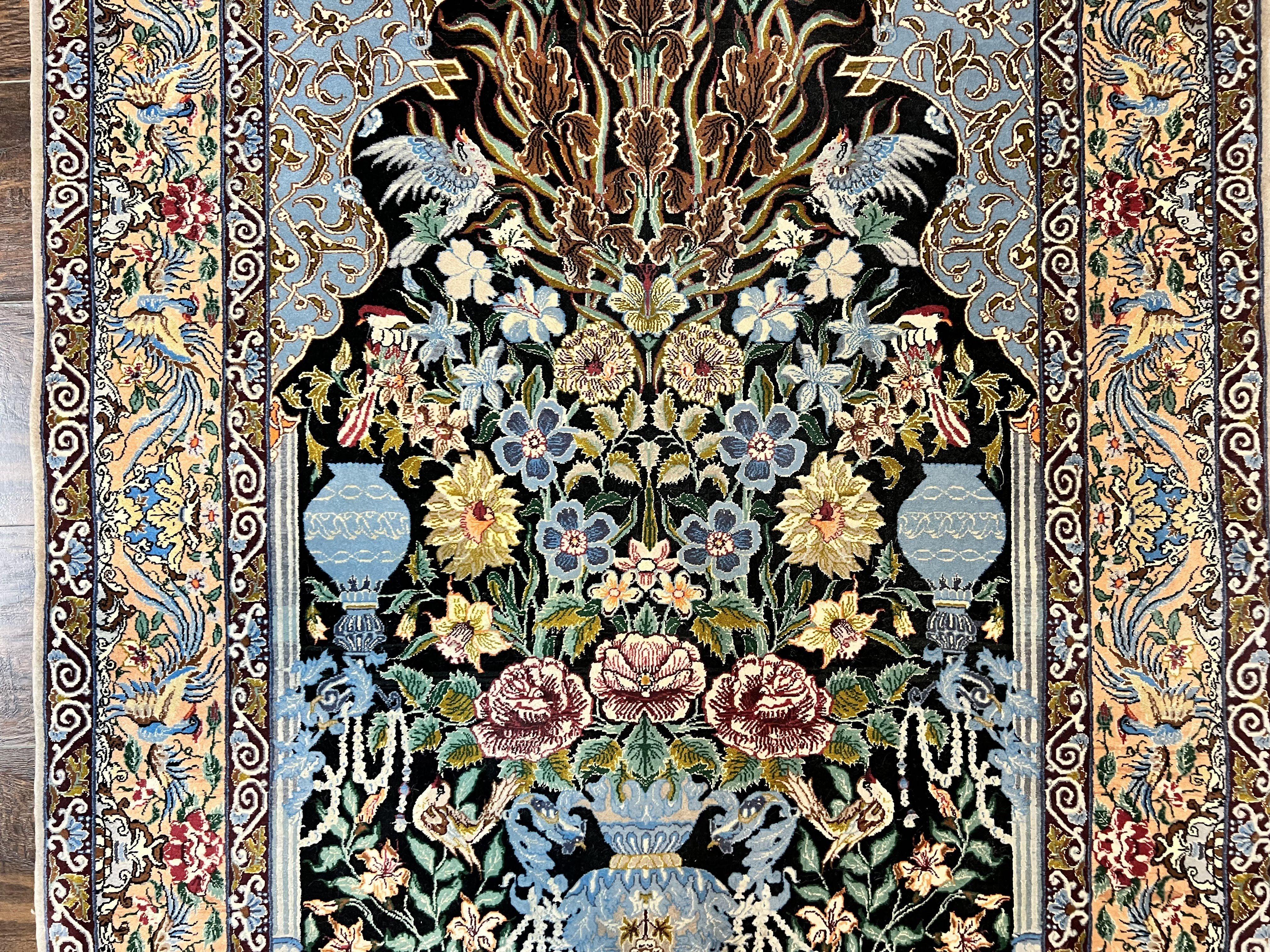 Wonderful Persian Isfahan Rug 3.7 x 5, Kork Wool on Silk Foundation, Very Fine 460 KPSI, Tree of Life Persian Vase Design Animal Pictorials Peacocks - Jewel Rugs