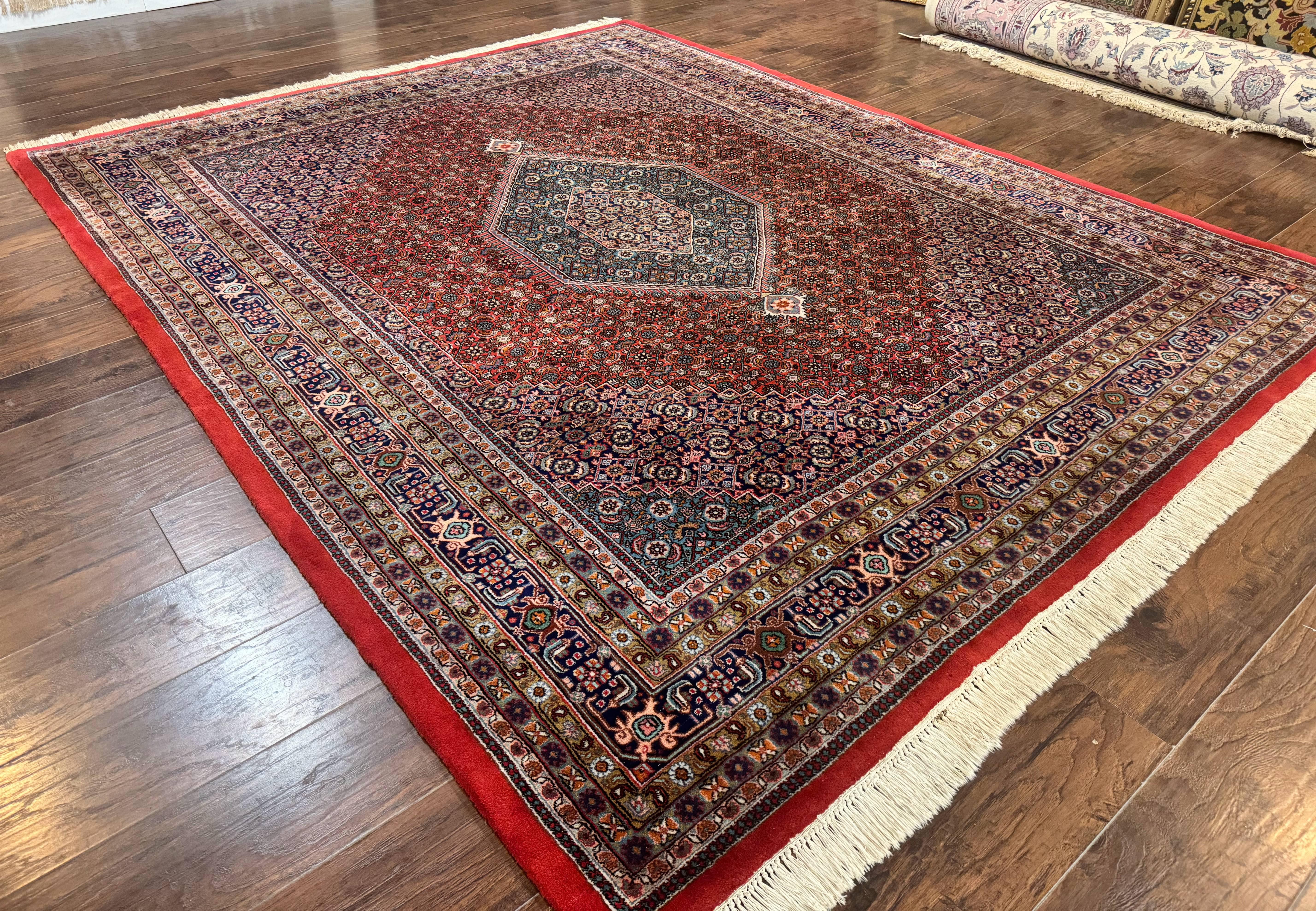 Indo Persian Bidjar Rug 8x10, Red Navy Blue, Herati Mahi Pattern, Vintage Handmade Wool Carpet - Jewel Rugs