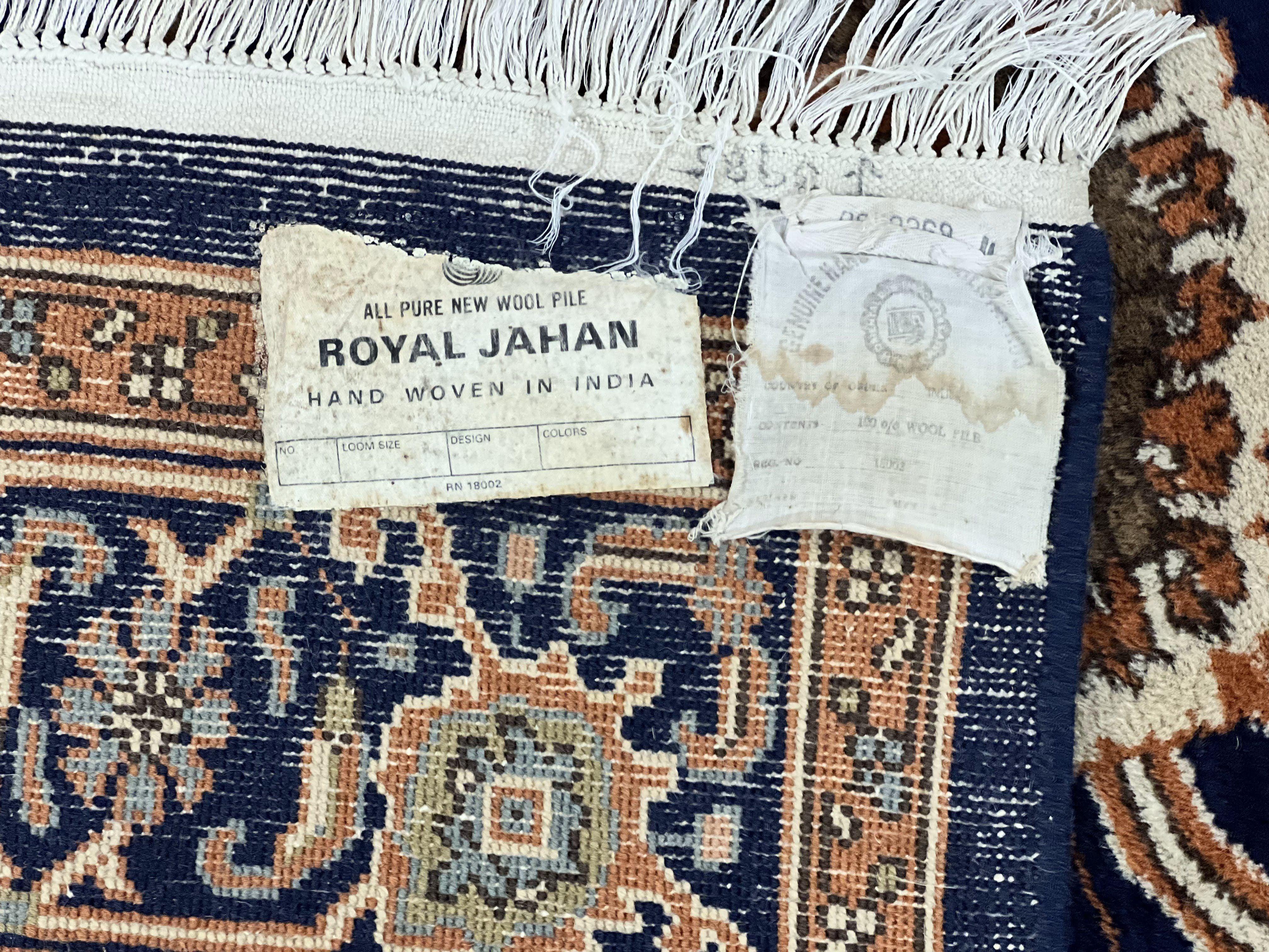 Indo Heriz Rug 6x8, Wool Hand Knotted Vintage Oriental Carpet, Orange-Red Ivory & Navy Blue, Medallion Rug, Handmade Indo Persian Rug - Jewel Rugs