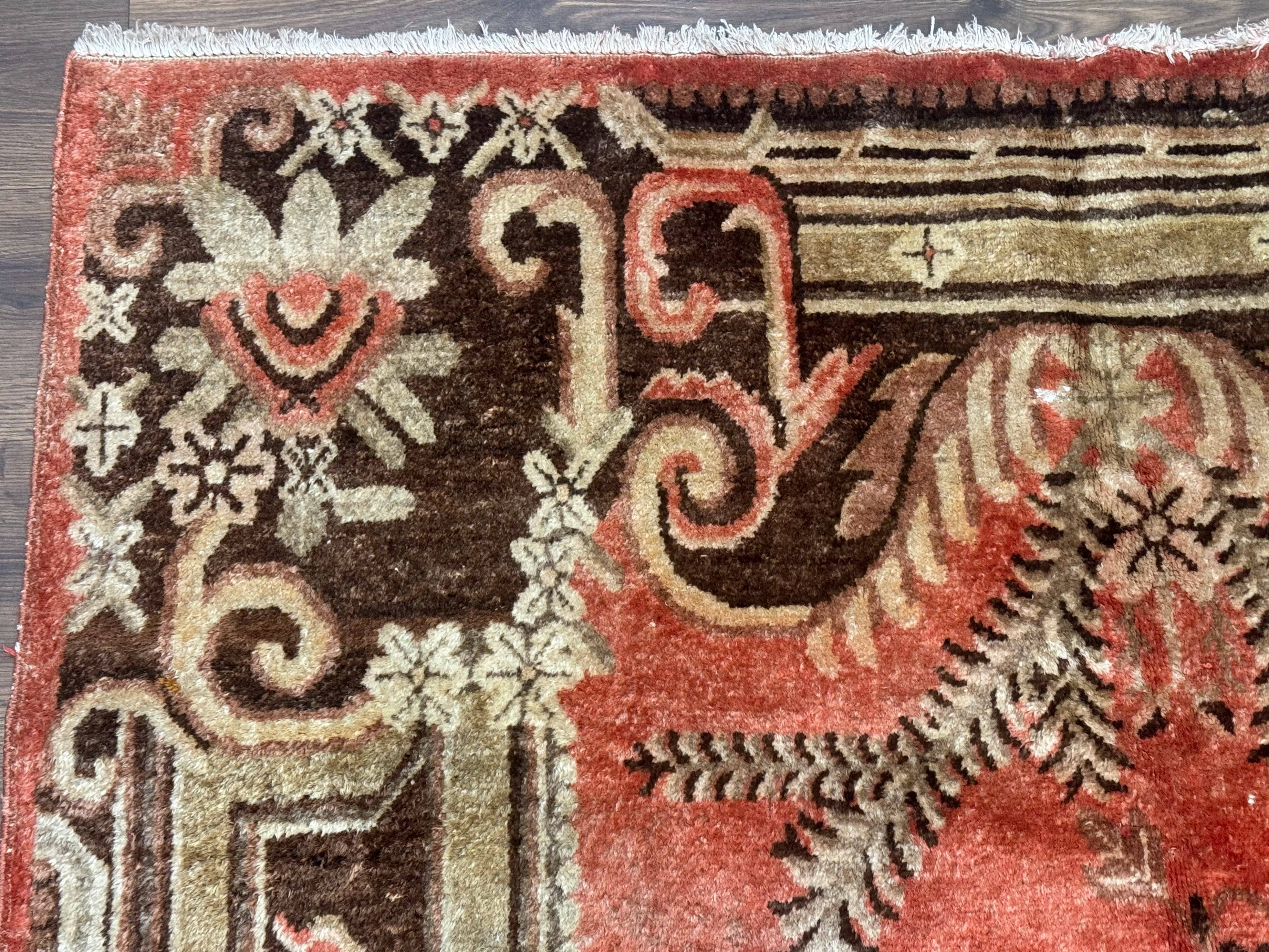 Khotan Rug 5x9, Terracotta and Brown, Floral, Chinese Wool Carpet, Antique Rug - Jewel Rugs