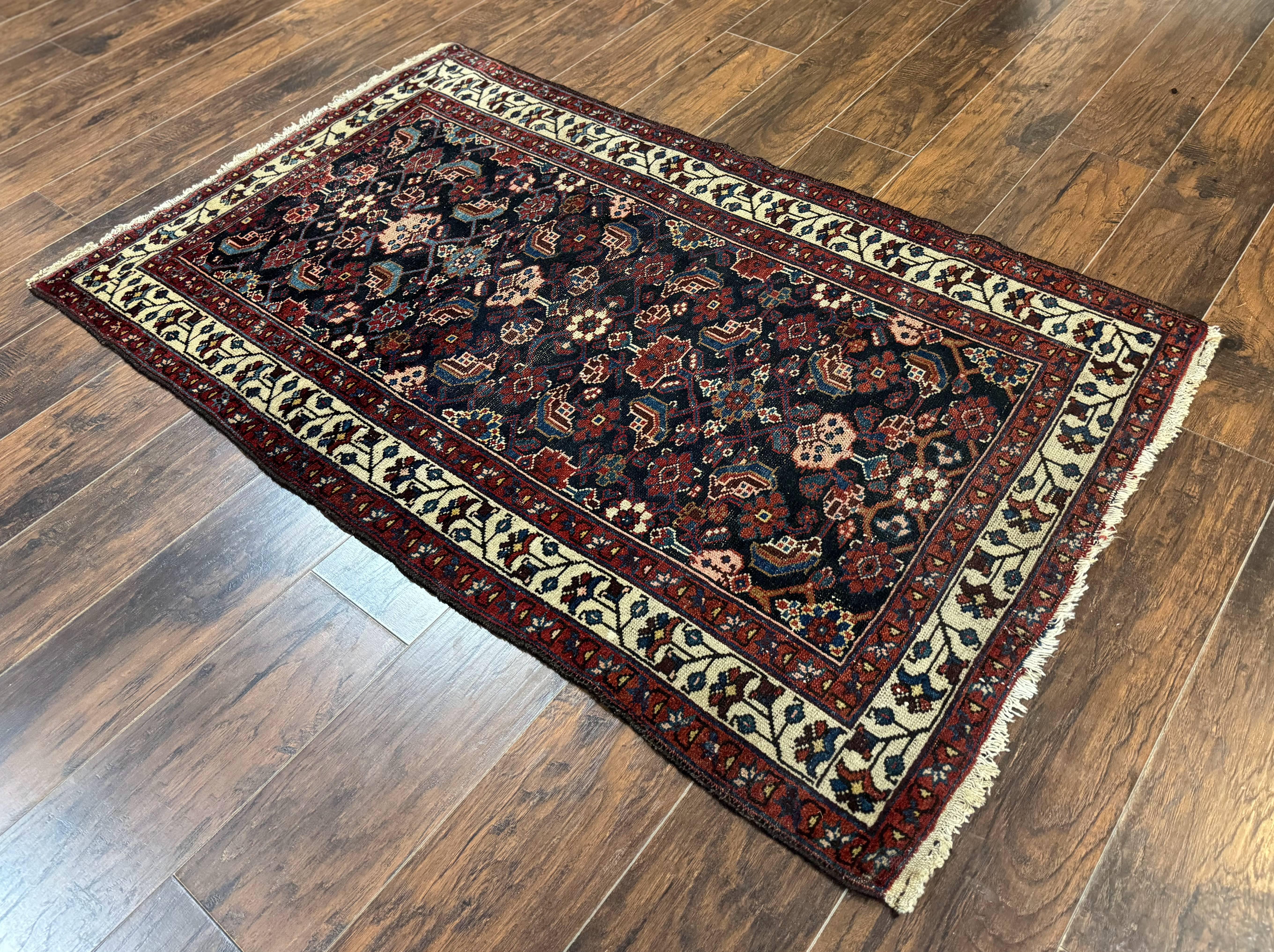 Navy Blue Antique Persian Rug 3x6, Blue and Ivory Persian Carpet, Handmade 1920s Hamadan Rug - Jewel Rugs