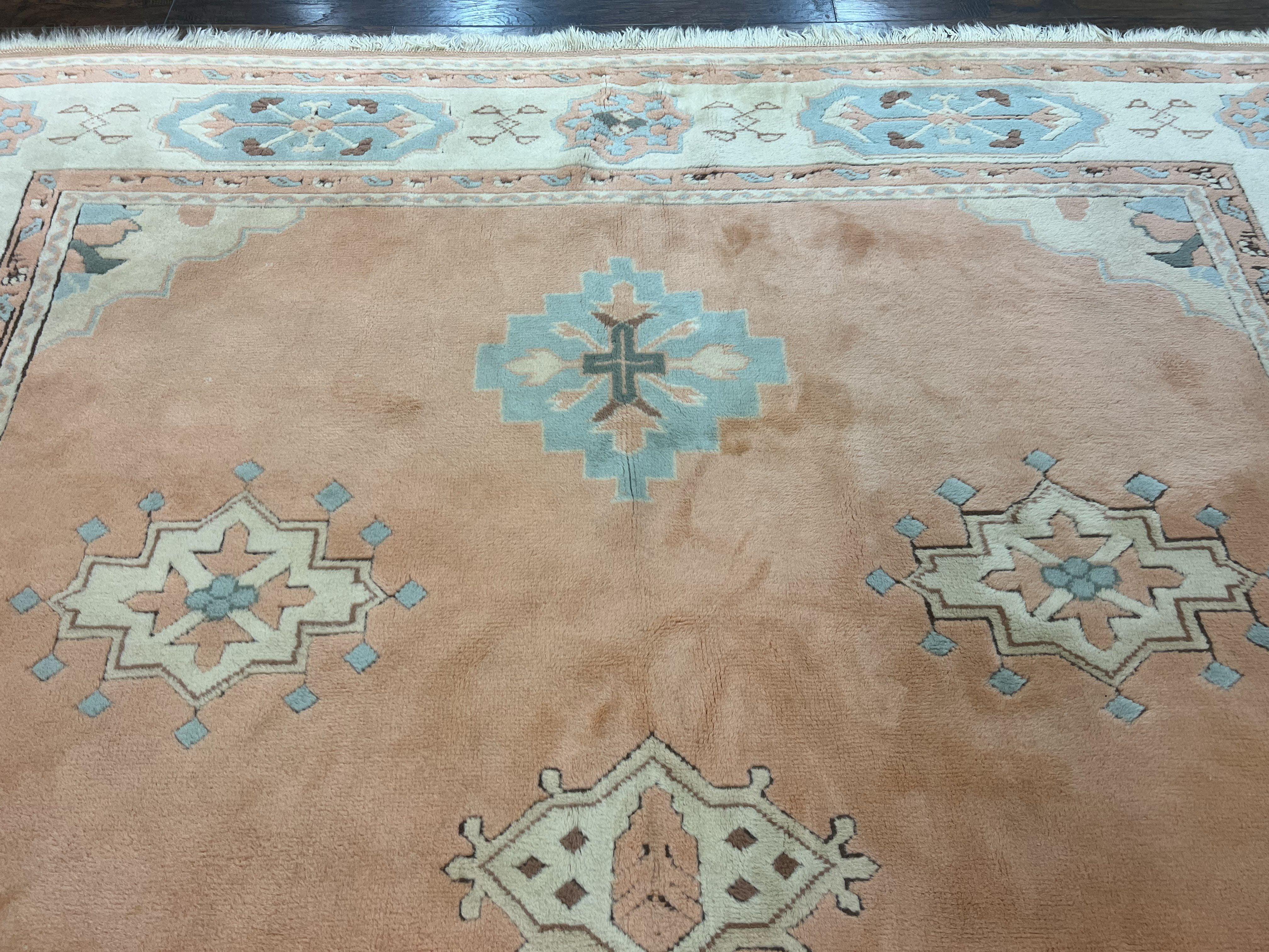 Turkish Oushak Rug 9x12, Wool Hand Knotted Vintage Carpet, Peach Cream Light Blue Room Sized Oriental Rug - Jewel Rugs