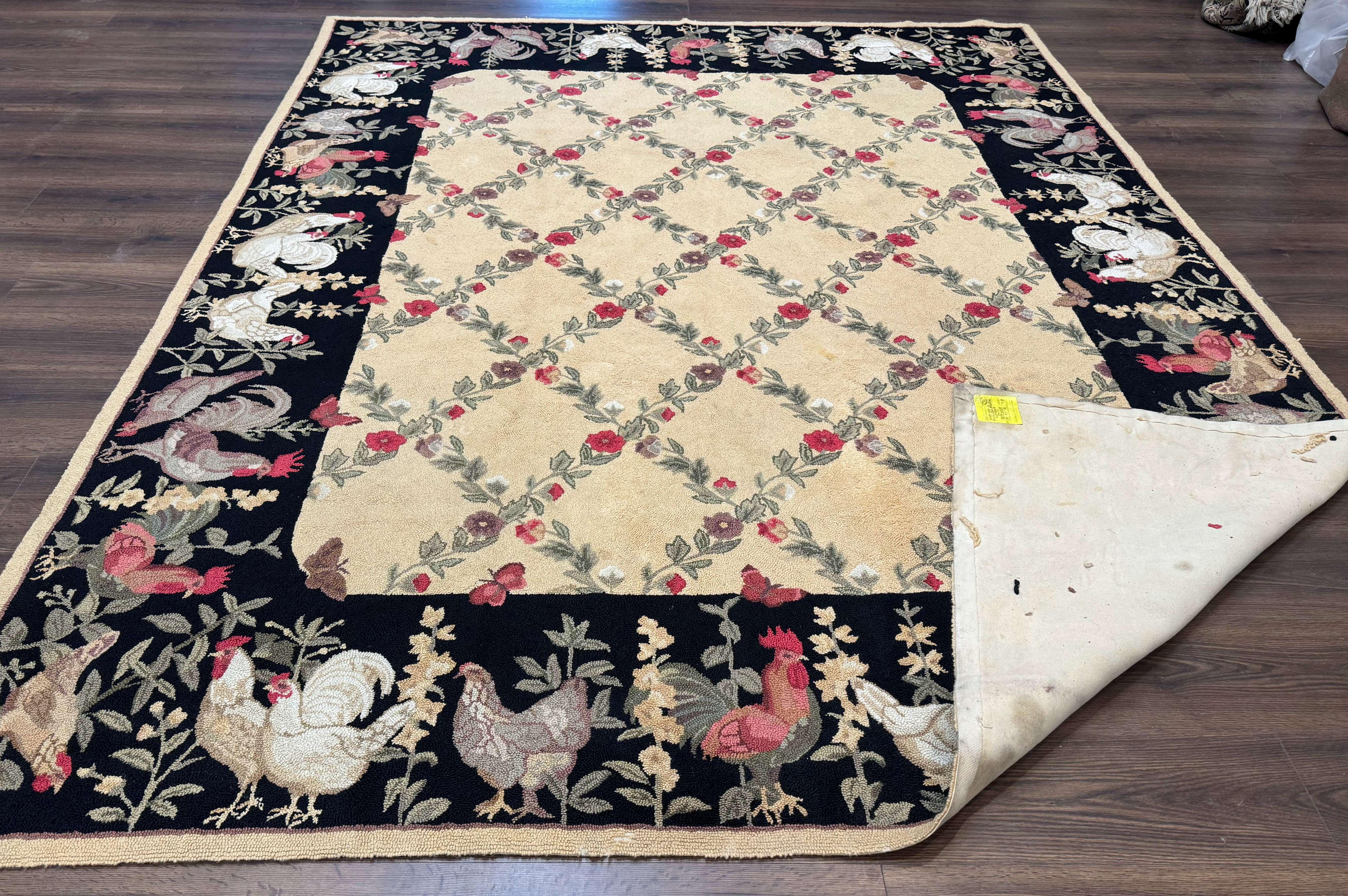 Vintage Hooked Rug 7x9, Rosters in Border, Roses and Butterflies - Jewel Rugs