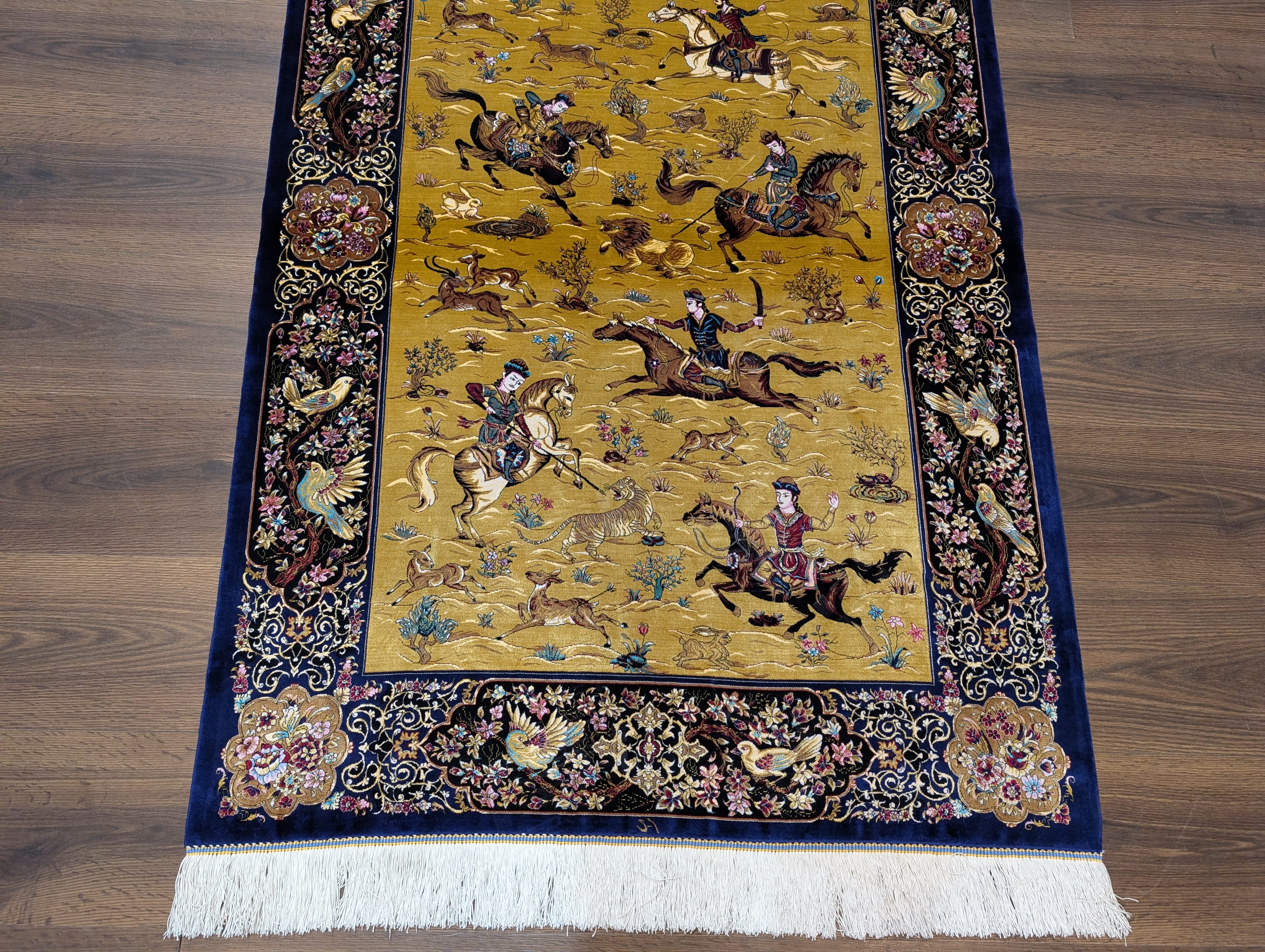 Hunting Pattern Silk Rug 3x5, Animal Pictorials, Persian Design Silk Carpet, Bamboo Silk, New - Jewel Rugs
